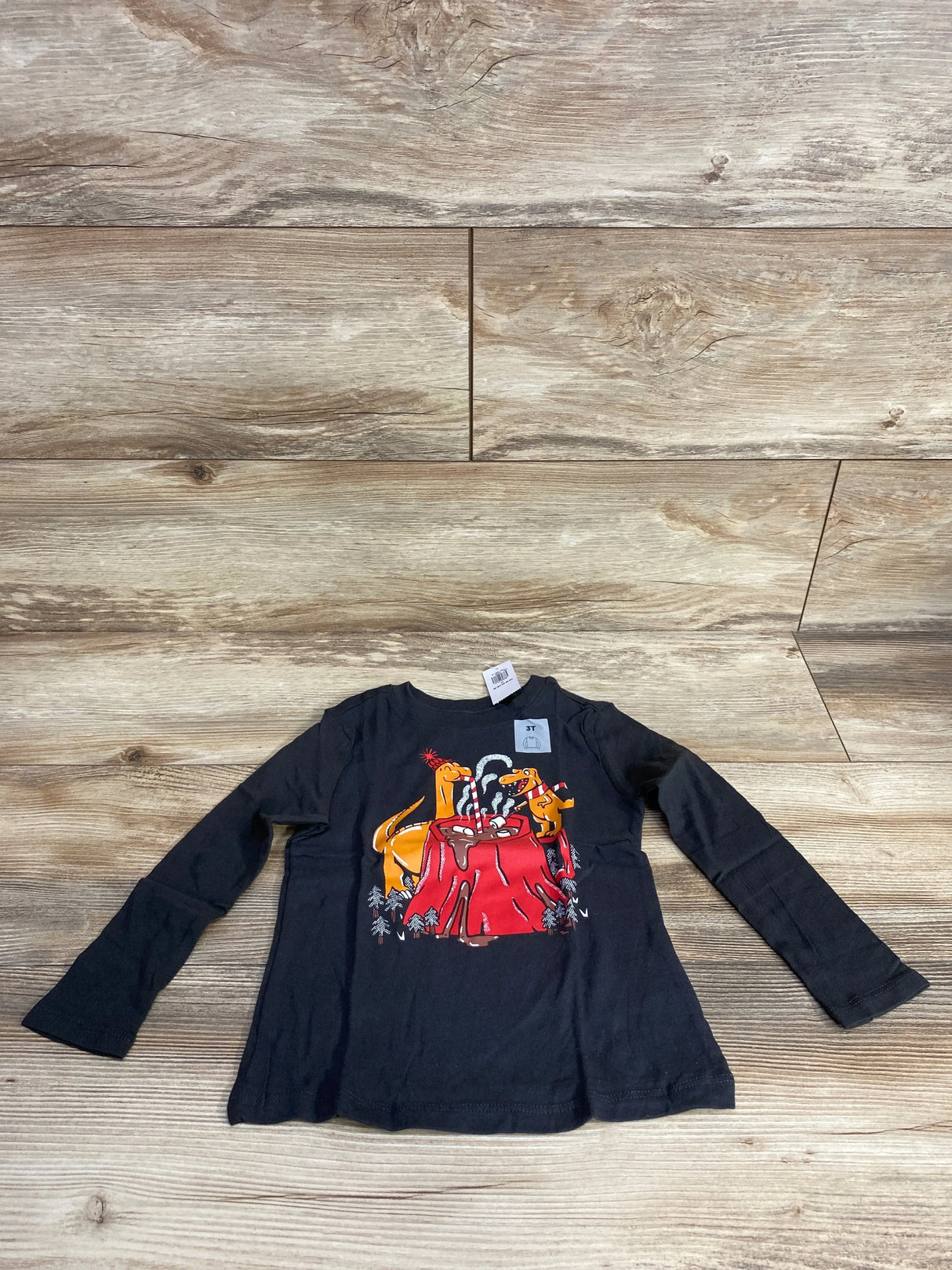 Black long sleeve toddler shirt with dinosaur and volcano graphic, size 3T
