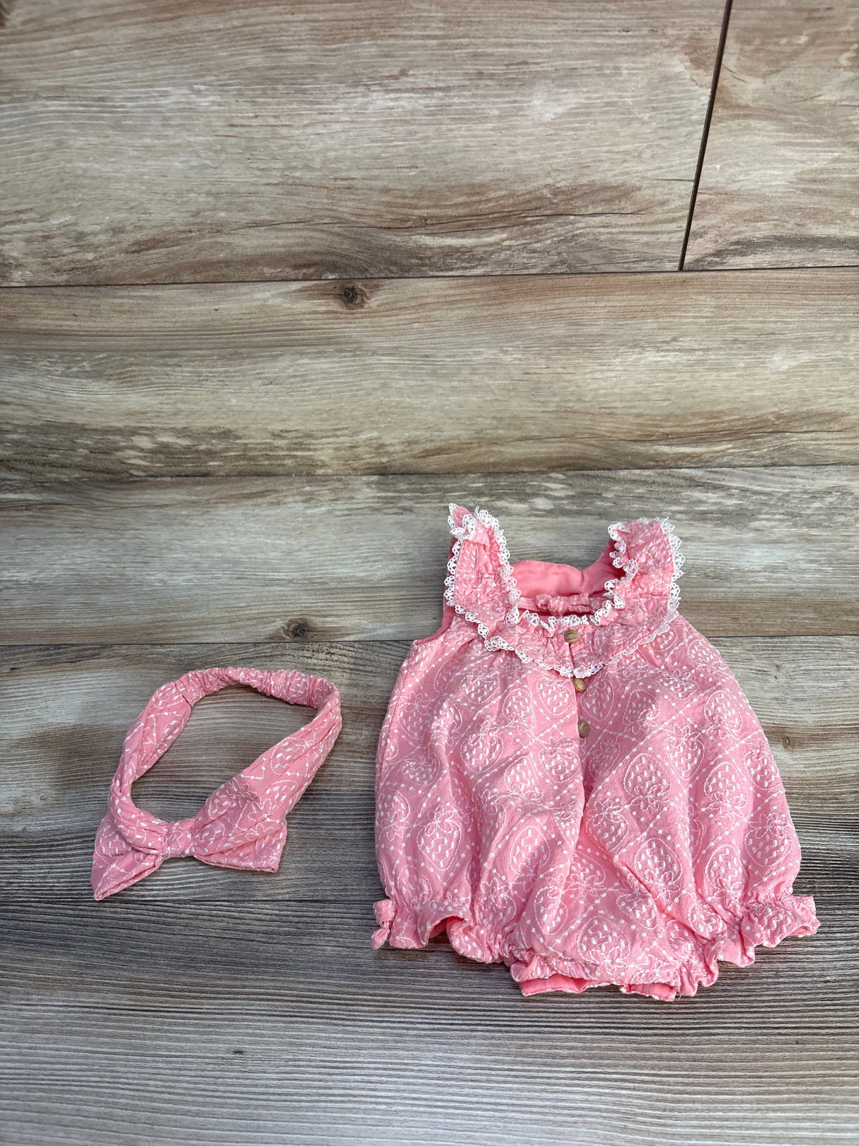 Rachel Zoe 2pc Embroidered Shortie Romper & Headband Set Pink sz 0-3m