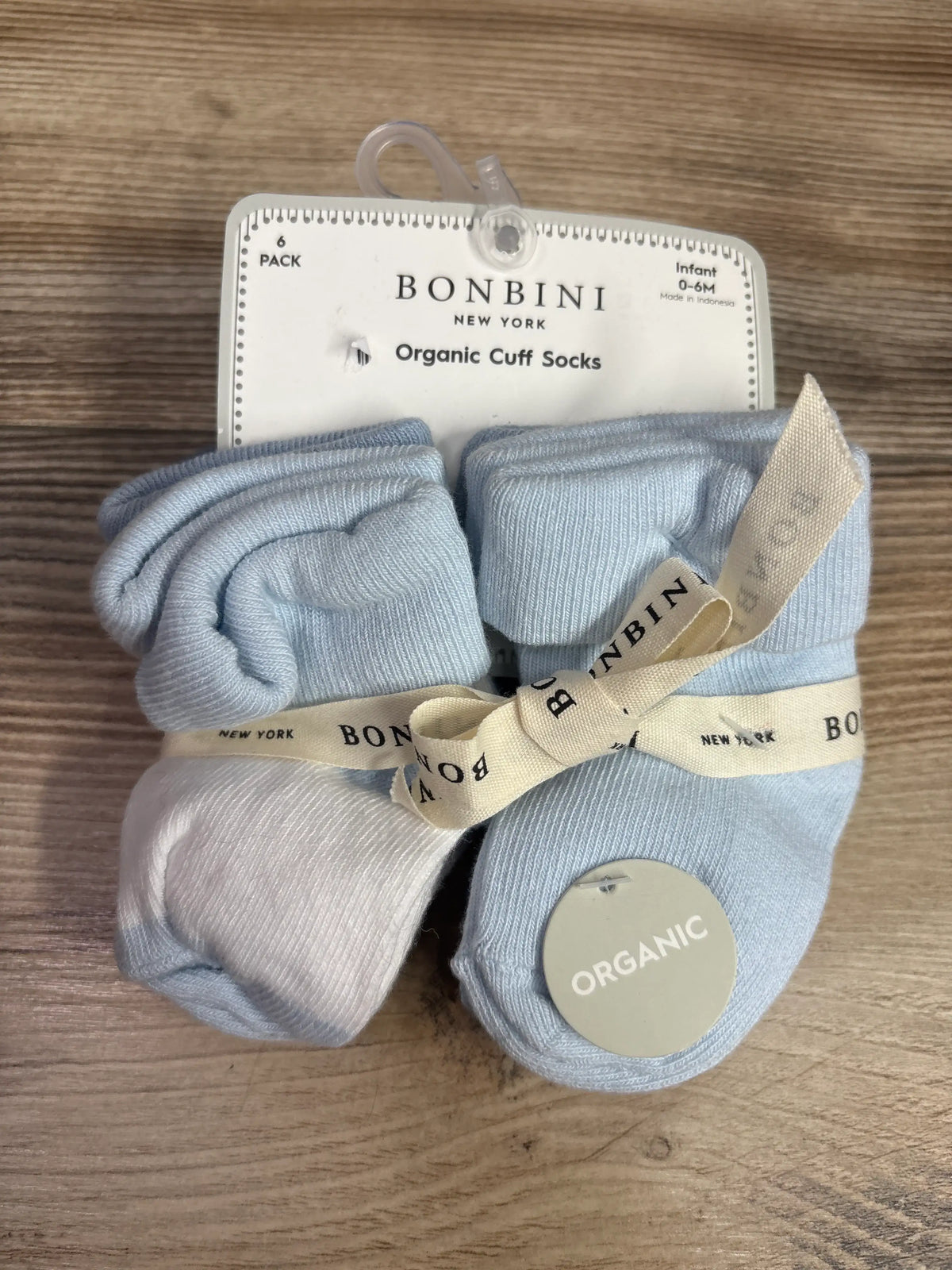 New 6-pack of blue Me n Mommy To Be organic cuff socks for infants size 0-6 months.