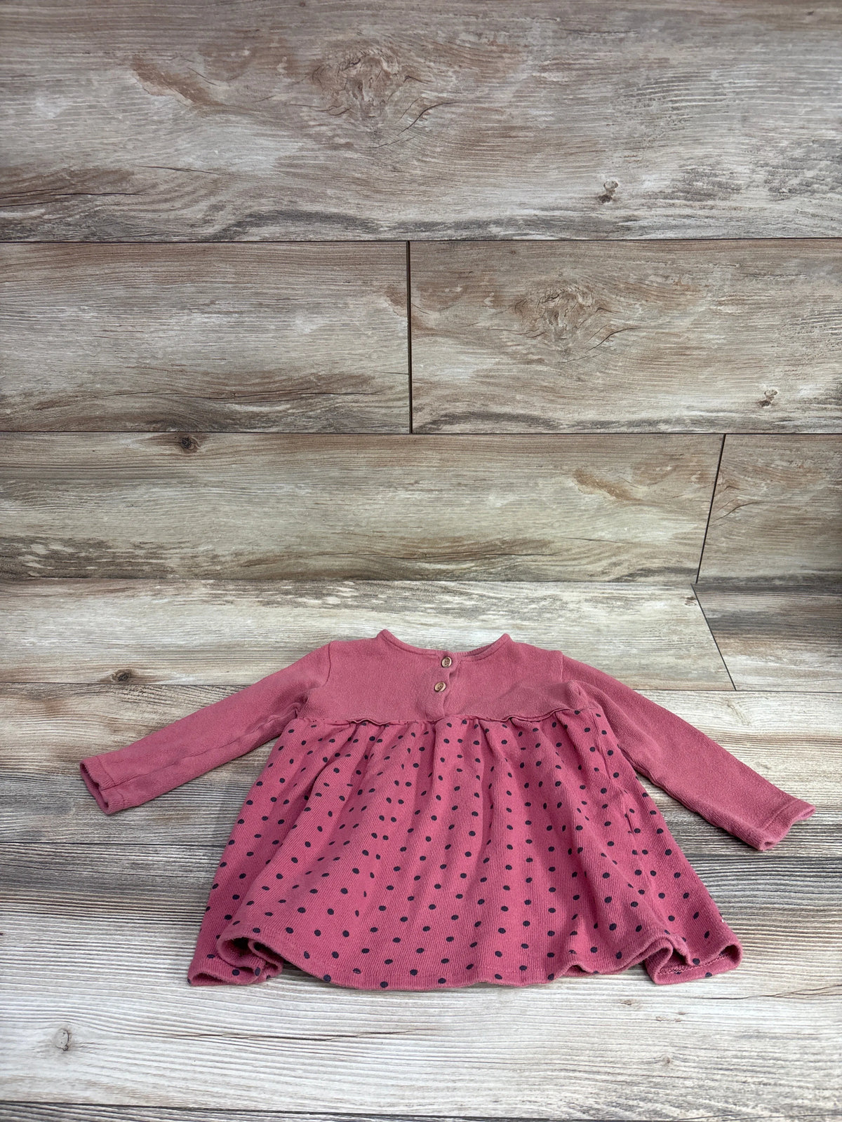 Zara pink long sleeve polka dot shirtdress for toddlers, size 18-24m, on a wooden background