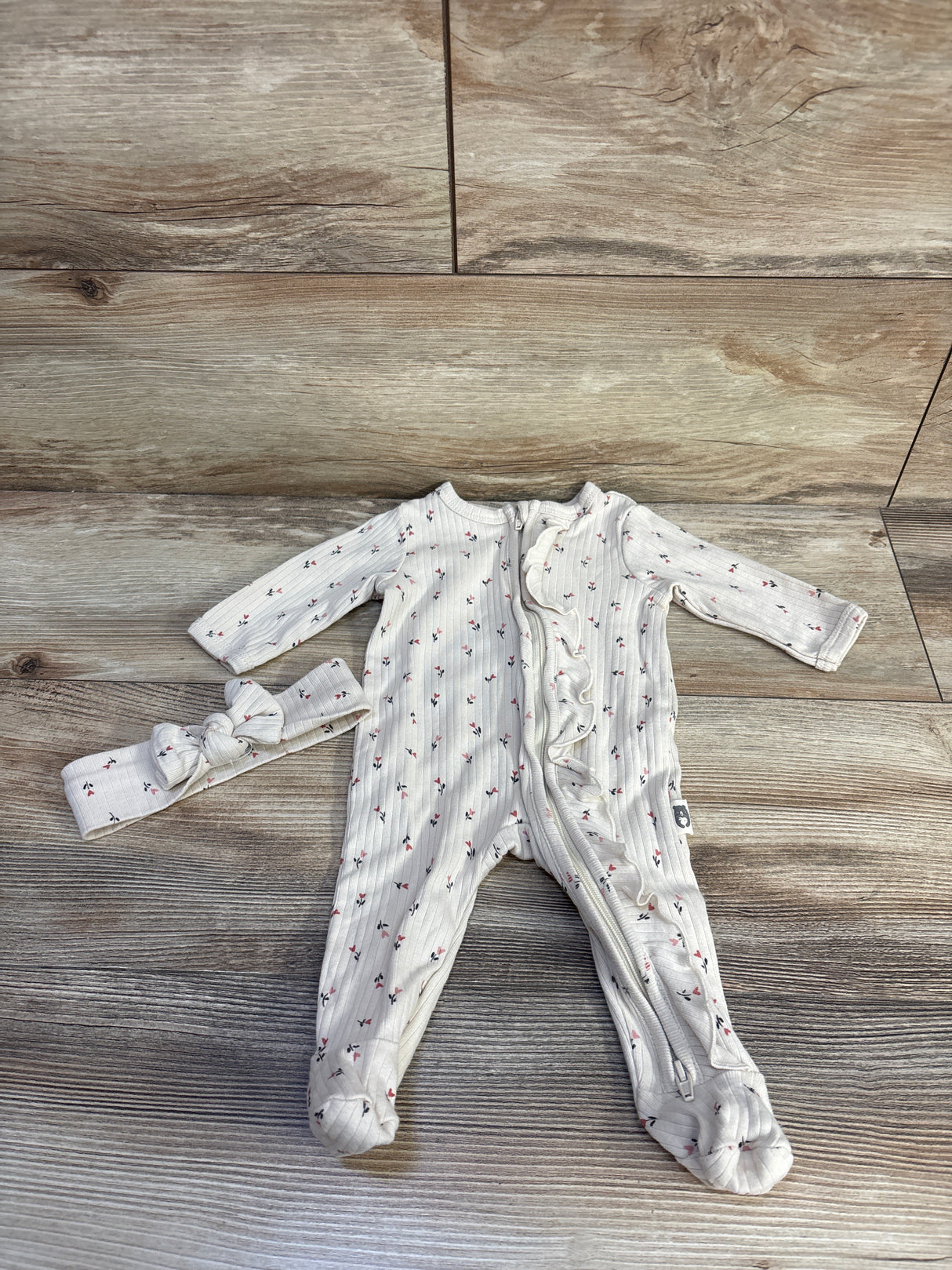 Rabbit + Bear Organic 2pc Ribbed Sleeper & Headband Beige sz 0-3m
