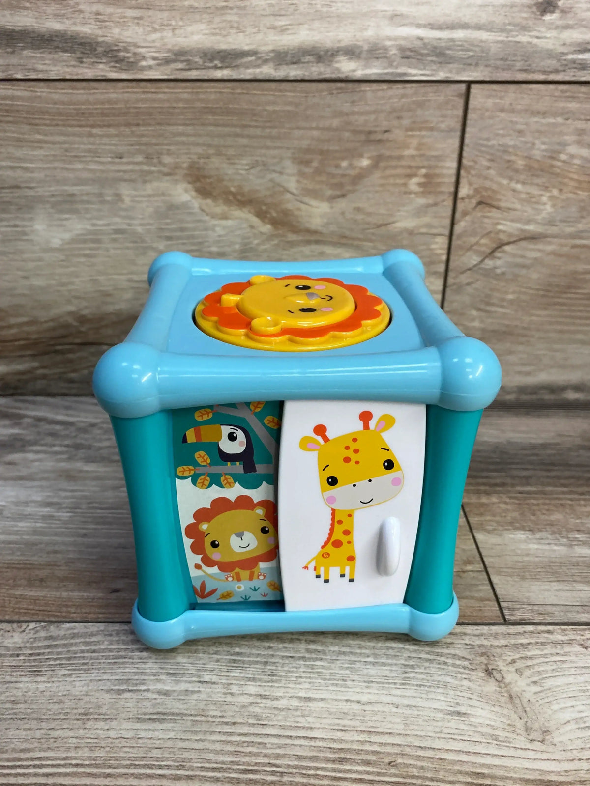 Front view of Fisher Price Growing Baby Animal Activity Cube with giraffe and lion panels and top lion spinner