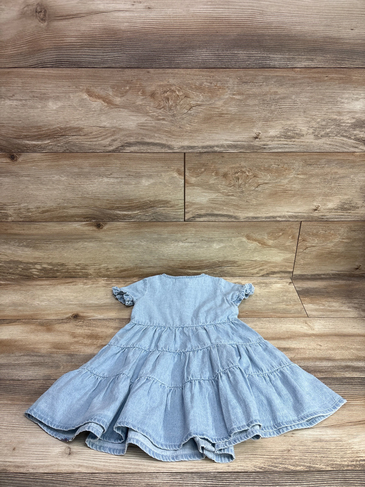 Back view of Disney Princess The Little Mermaid dress, blue chambray, size 3T, with ruffled sleeves and tiered skirt