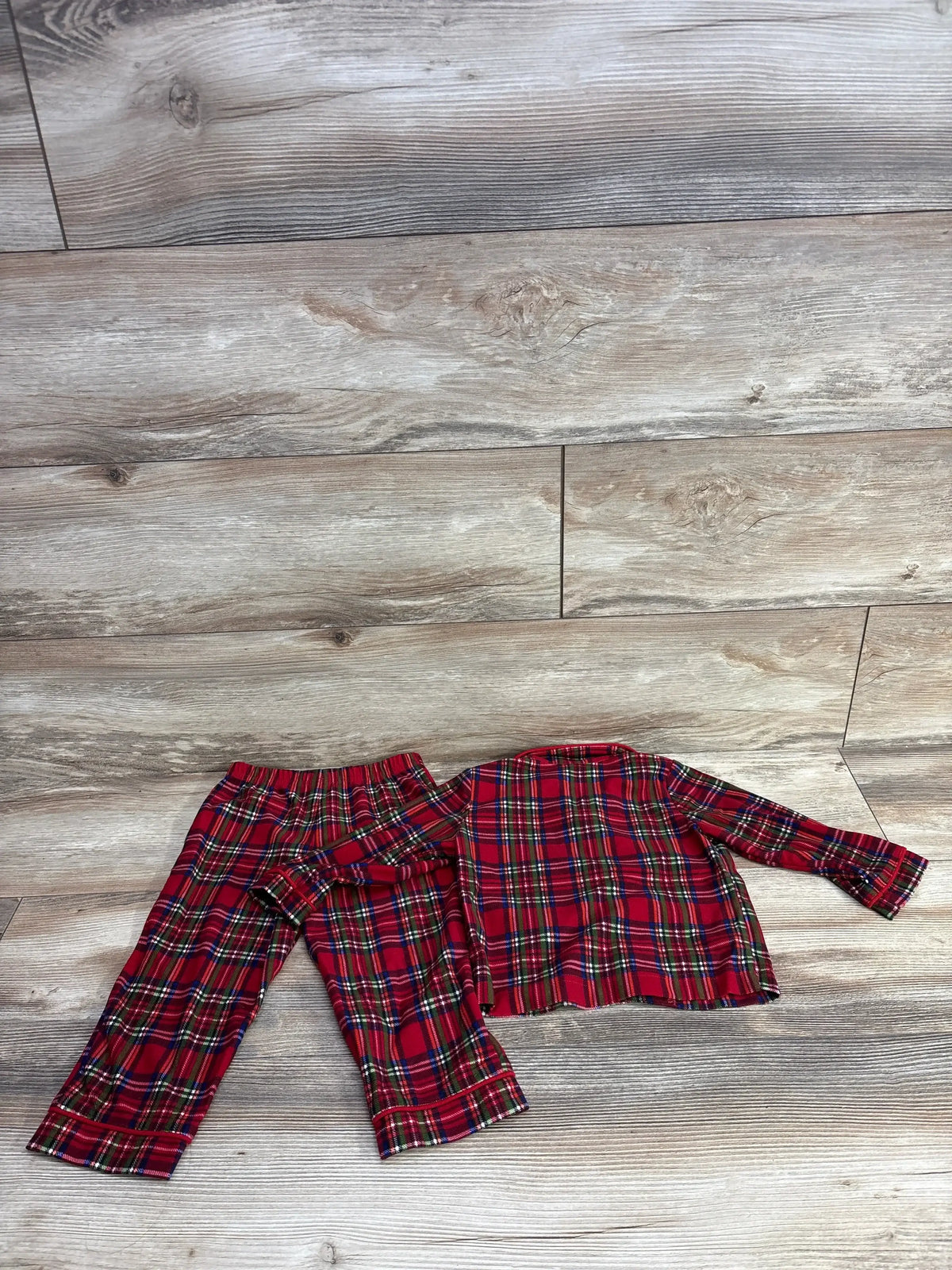 Red plaid kids pajama set with long sleeves and pants, festive holiday sleepwear for children