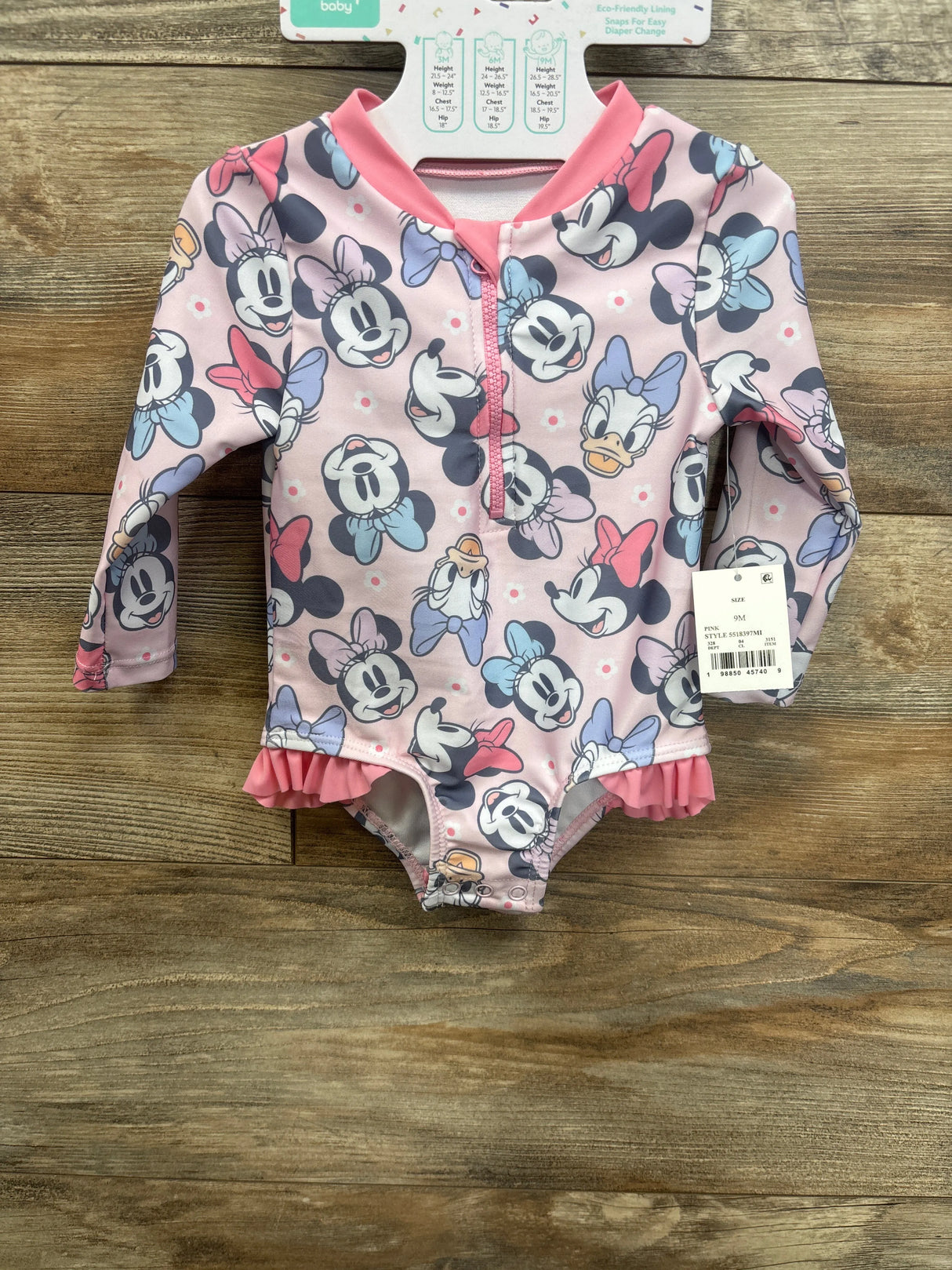 NEW Disney Baby Minnie & Daisy Long Sleeve One Piece Rash Guard Pink sz 9m