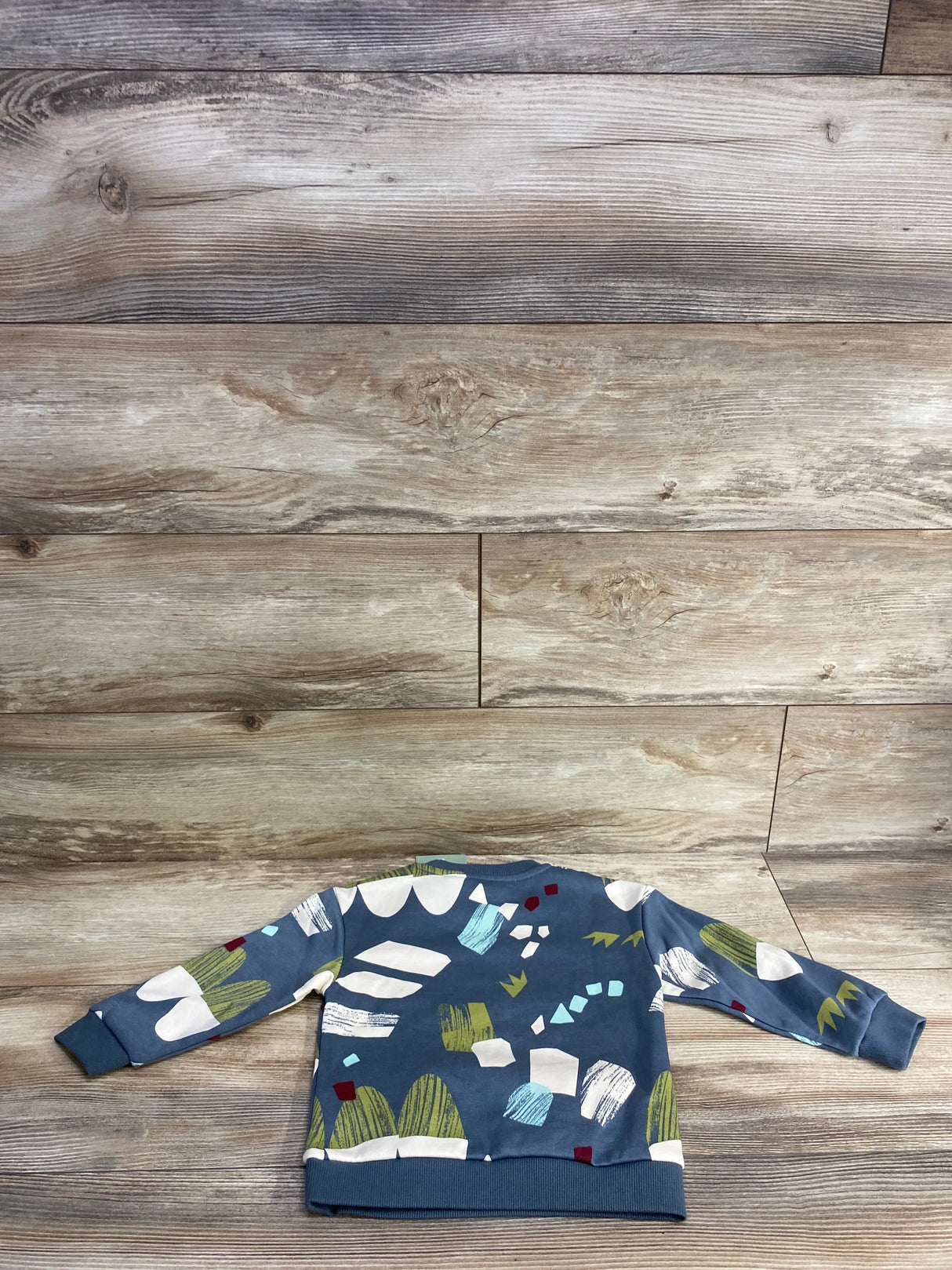 Flat lay of H&M light blue toddler (2T) dinosaur sweatshirt showing colorful graphic print and long sleeves on wood floor
