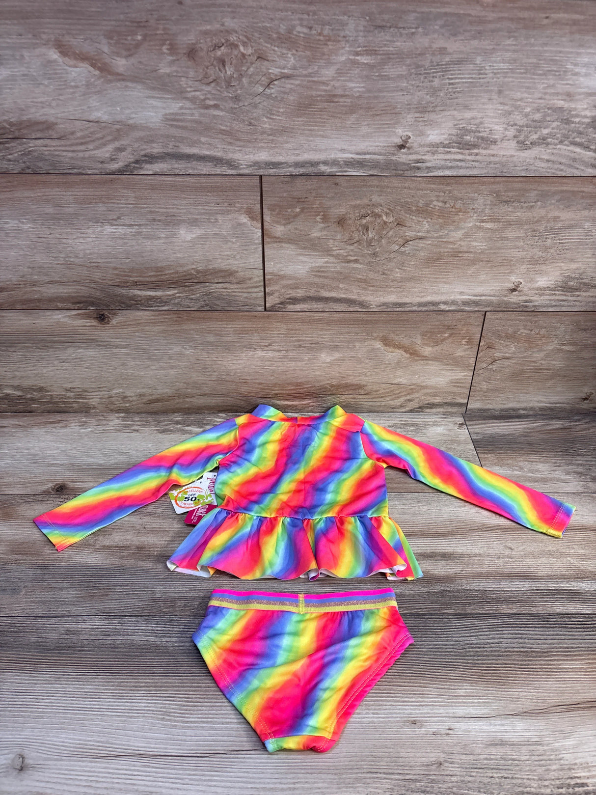NEW Penelope Mack 2pc Peplum Rashguard Top & Bottoms Swim Set Rainbow sz 2T