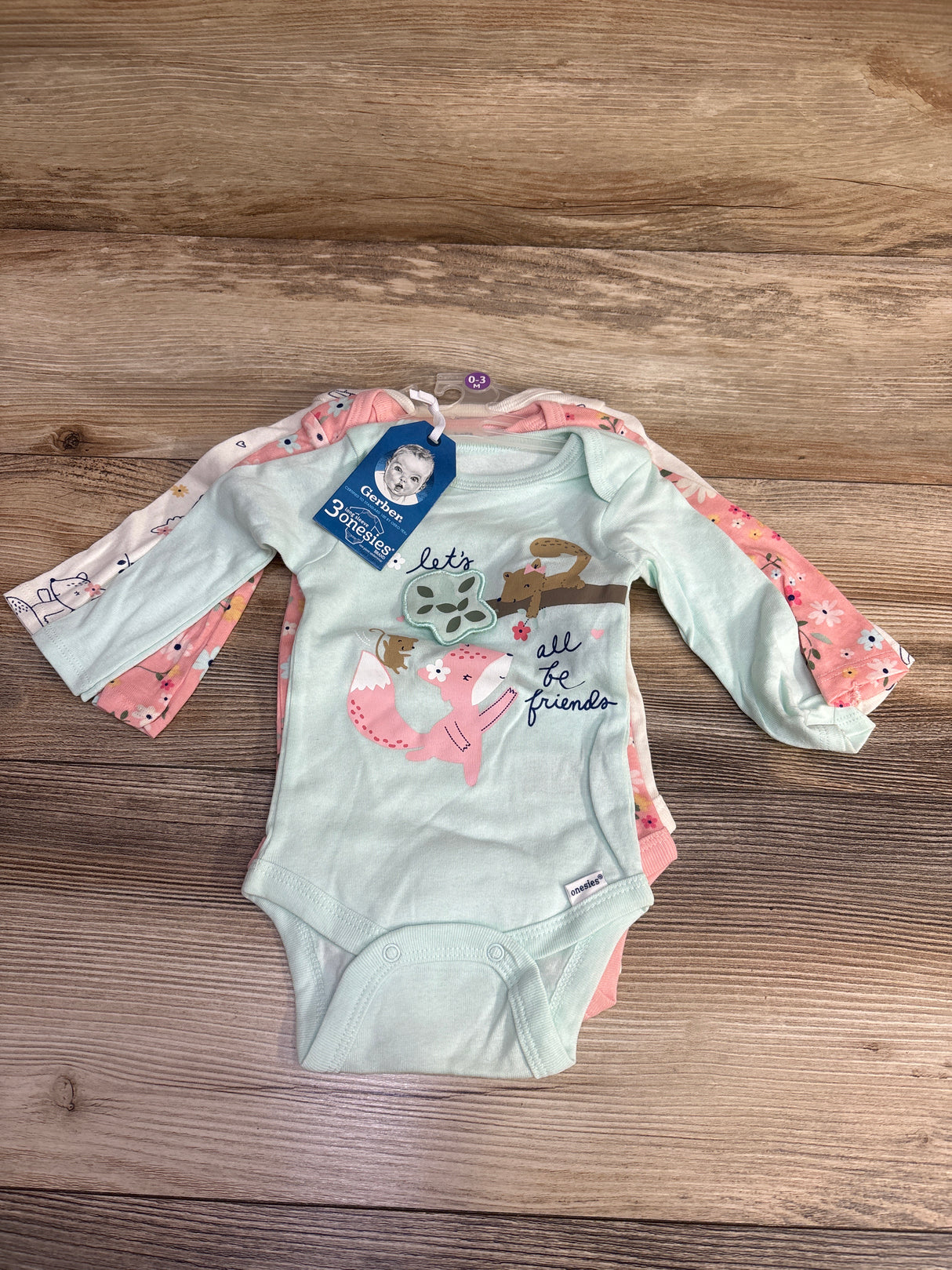 NEW Gerber 3pk Let's All Be Friend's Bodysuit Set Mint sz 0-3m