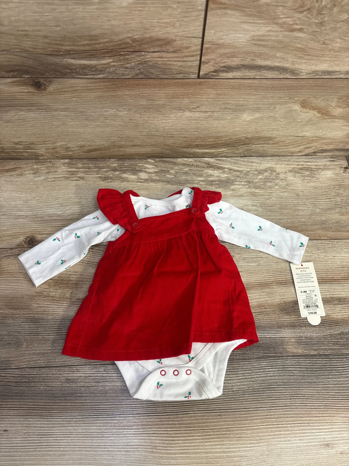 Red corduroy baby dress with white holly print long-sleeve bodysuit, festive holiday outfit for infants