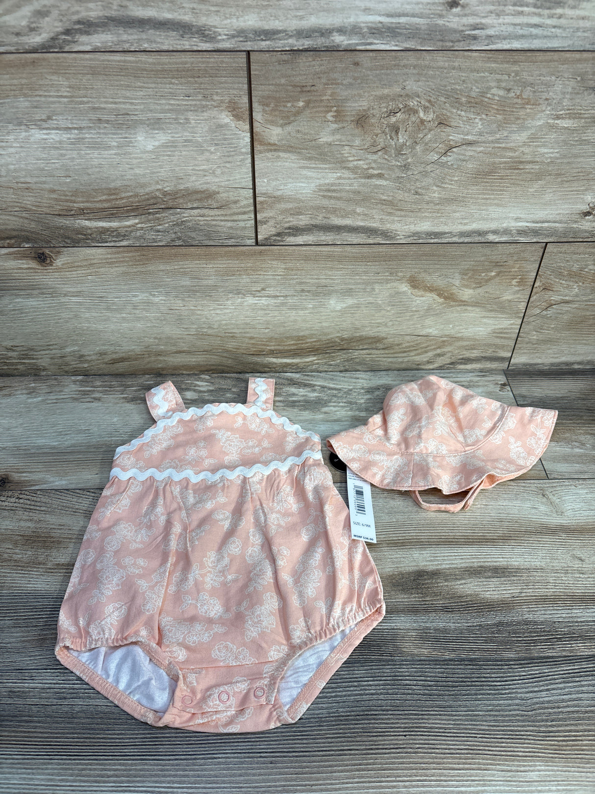 NEW Nicole Miller 2pc Bubble Romper & Bucket Hat Set Peach sz 6/9m