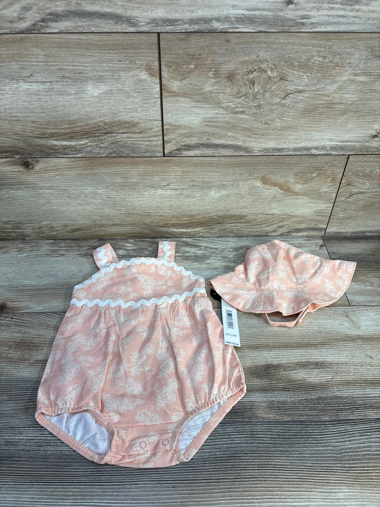 NEW Nicole Miller 2pc Bubble Romper & Bucket Hat Set Peach sz 6/9m