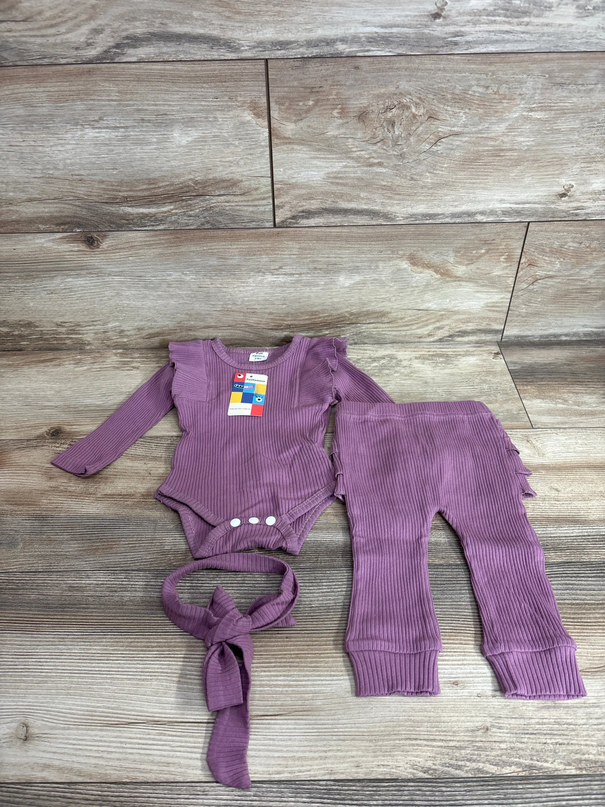 NEW Full Famous 3pc Rib Frill Long Sleeve Bodysuit, Pants, & Headwrap Purple sz 3-6m