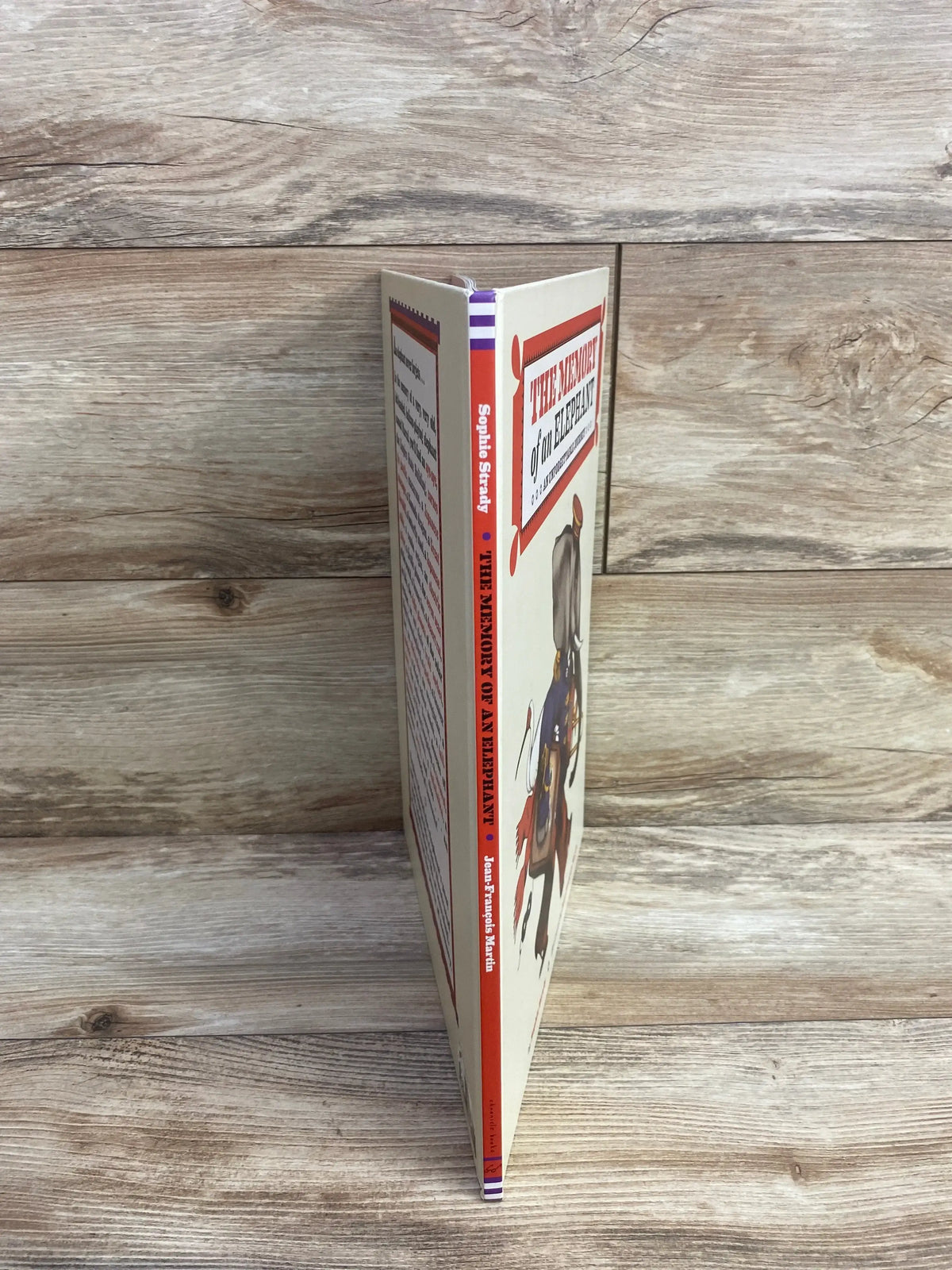 Side view of hardcover children’s book The Memory of an Elephant showing the spine and partial illustrated cover on a wood surface