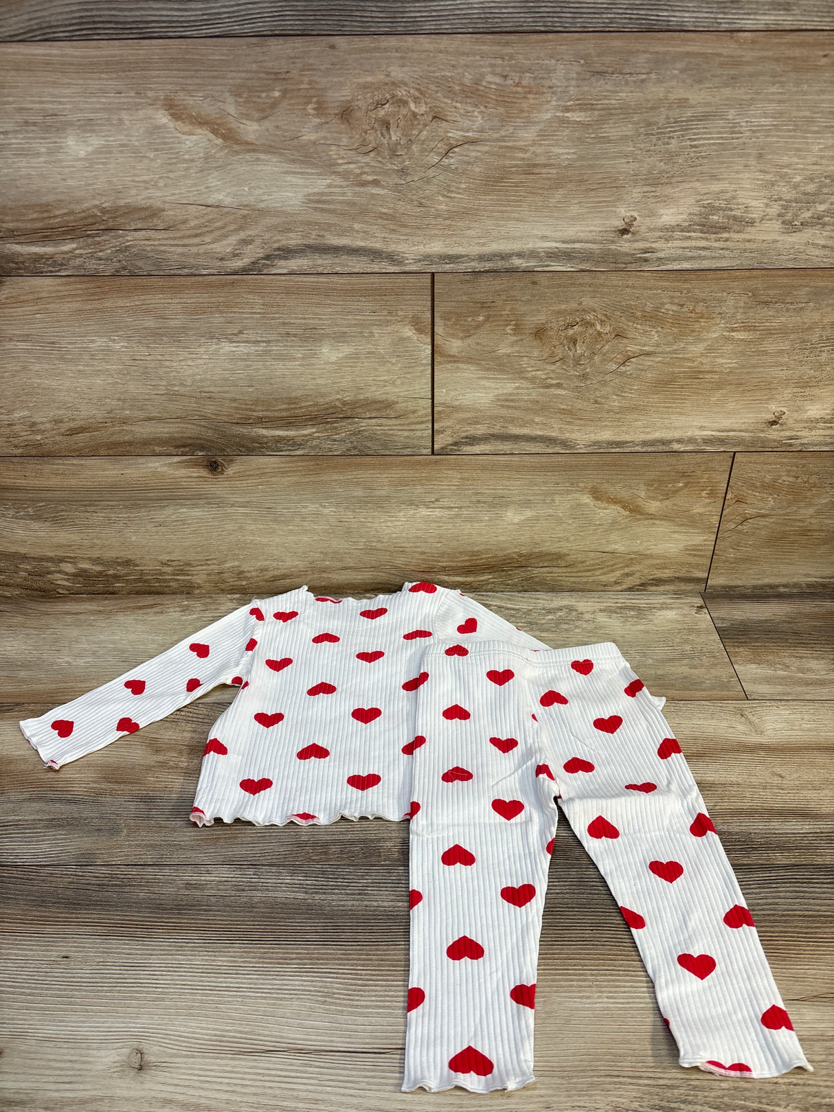 2pc Ruffled Ribbed Heart Print Shirt & Bottoms Set White sz 9-12m