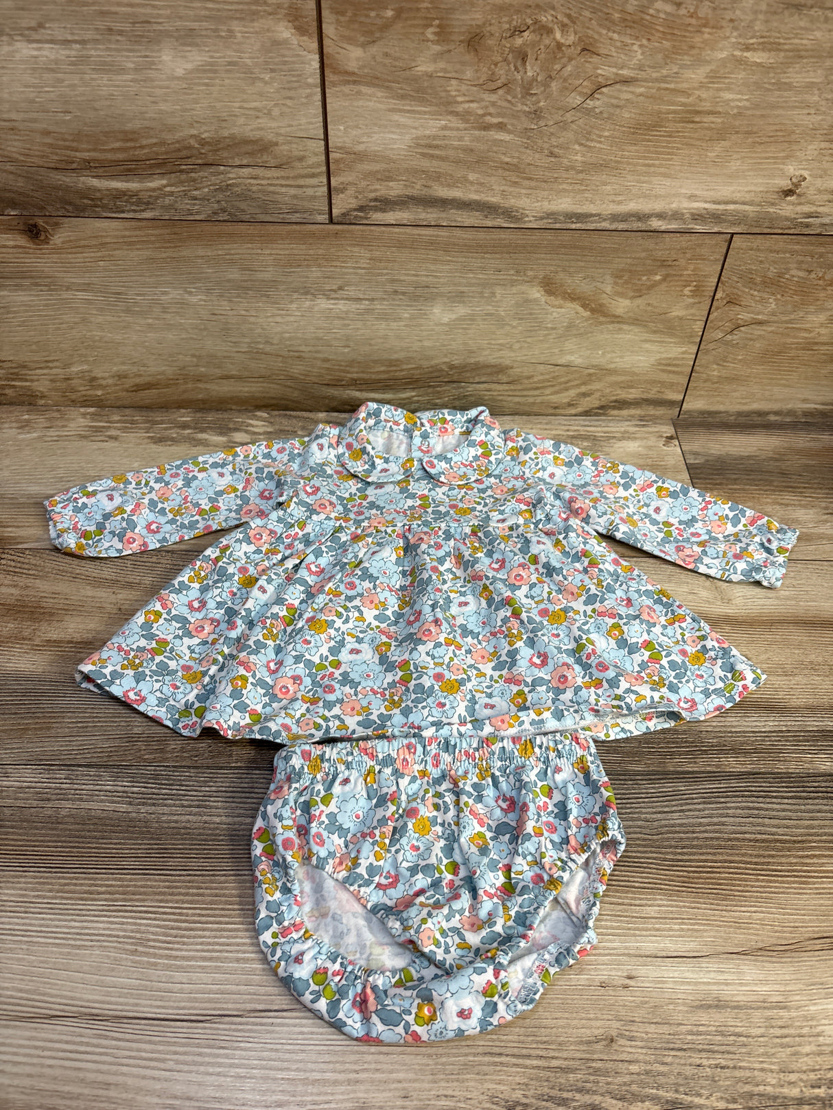 2pc Floral Long Sleeve Collared Top & Bloomers Set Blue sz 12m