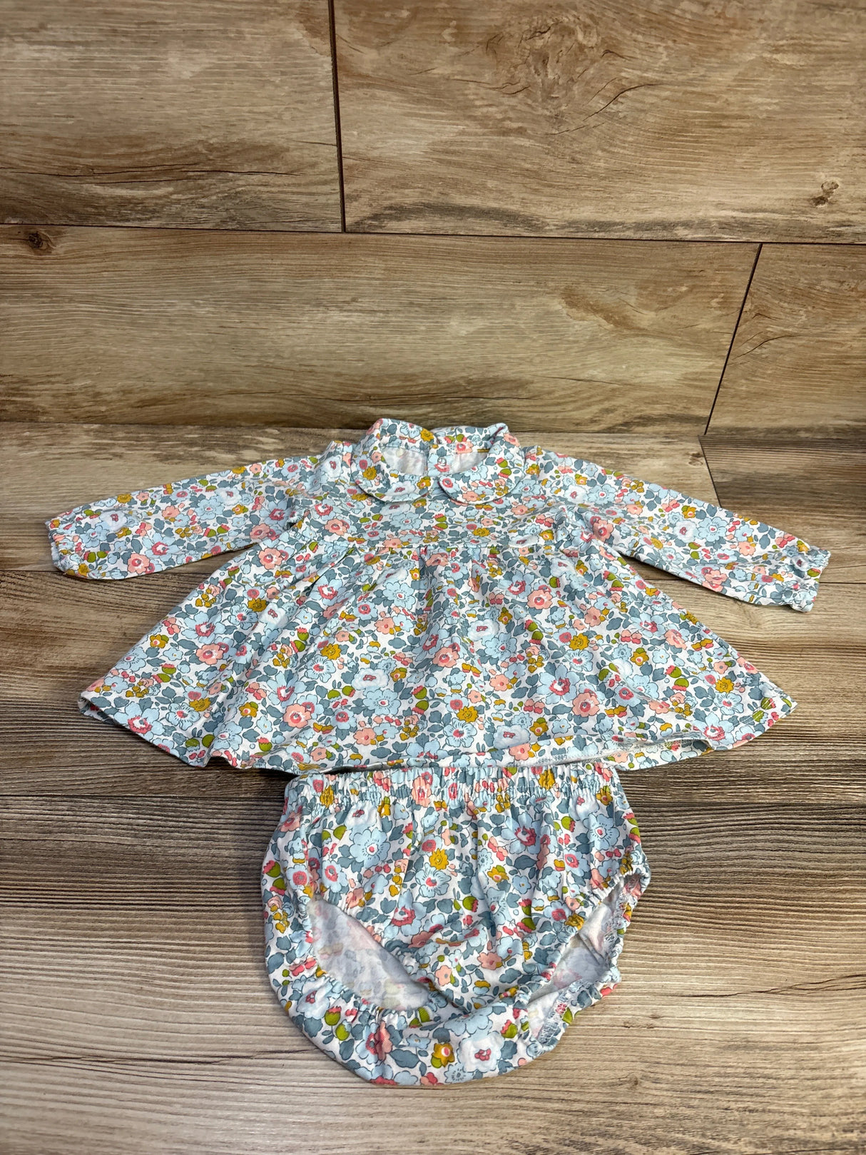 2pc Floral Long Sleeve Collared Top & Bloomers Set Blue sz 12m