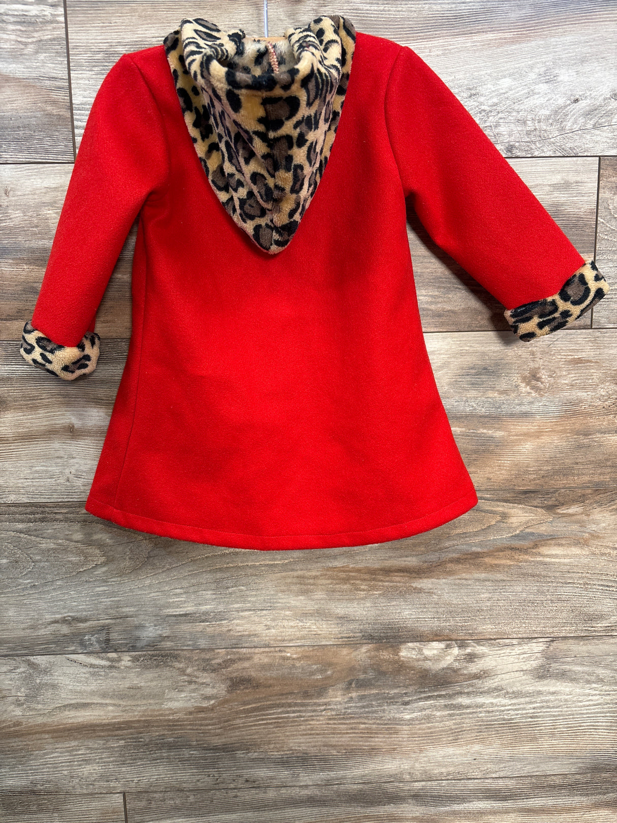 Shein Leopard Print Trim Hooded Pea Coat Red sz 4T