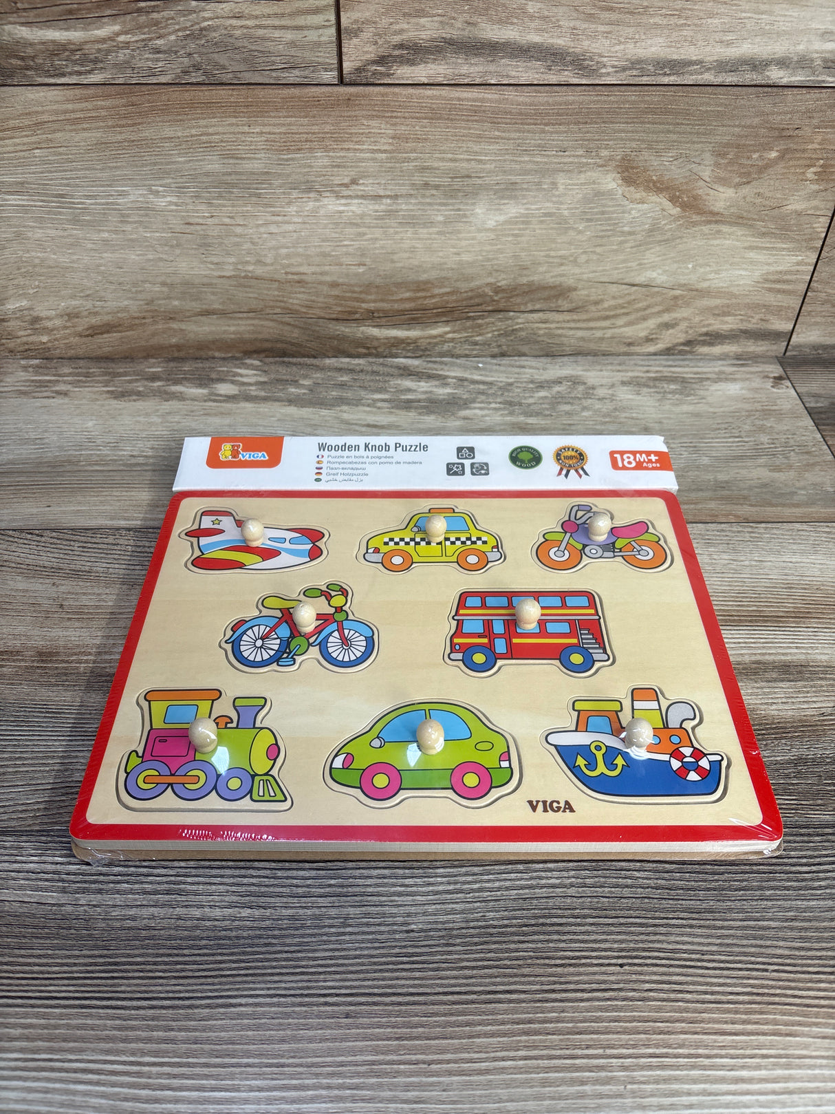 NEW Viga Wooden Knob Puzzle - Vehicles 8pc