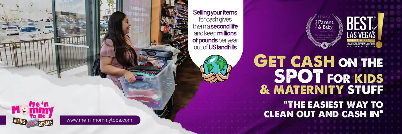 Promotional banner showing headline ‘GET CASH ON THE SPOT FOR KIDS & MATERNITY STUFF’ with a woman carrying a clear bin of children’s clothes into a store