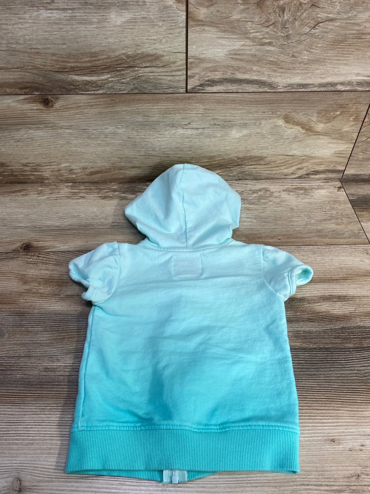Back view of OshKosh B'gosh hooded toddler jacket size 2T showing short sleeves and ombre teal color on wood background