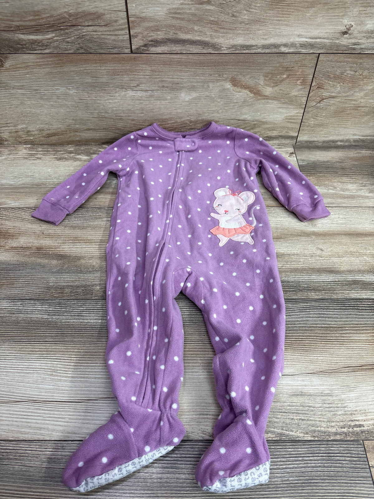 Purple polka dot Carter's baby blanket sleeper with a ballerina mouse graphic.