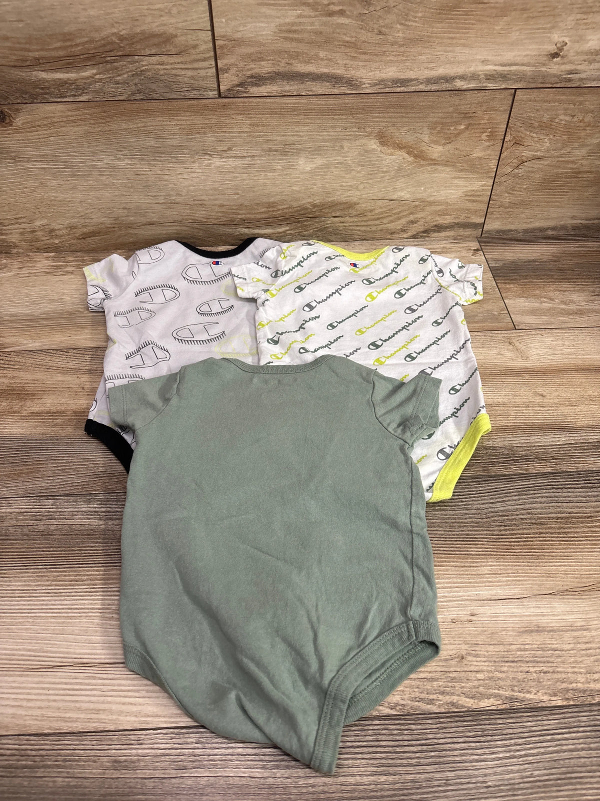 Champion 3pk baby bodysuit set in green, white with patterns, and logo print, size 9m