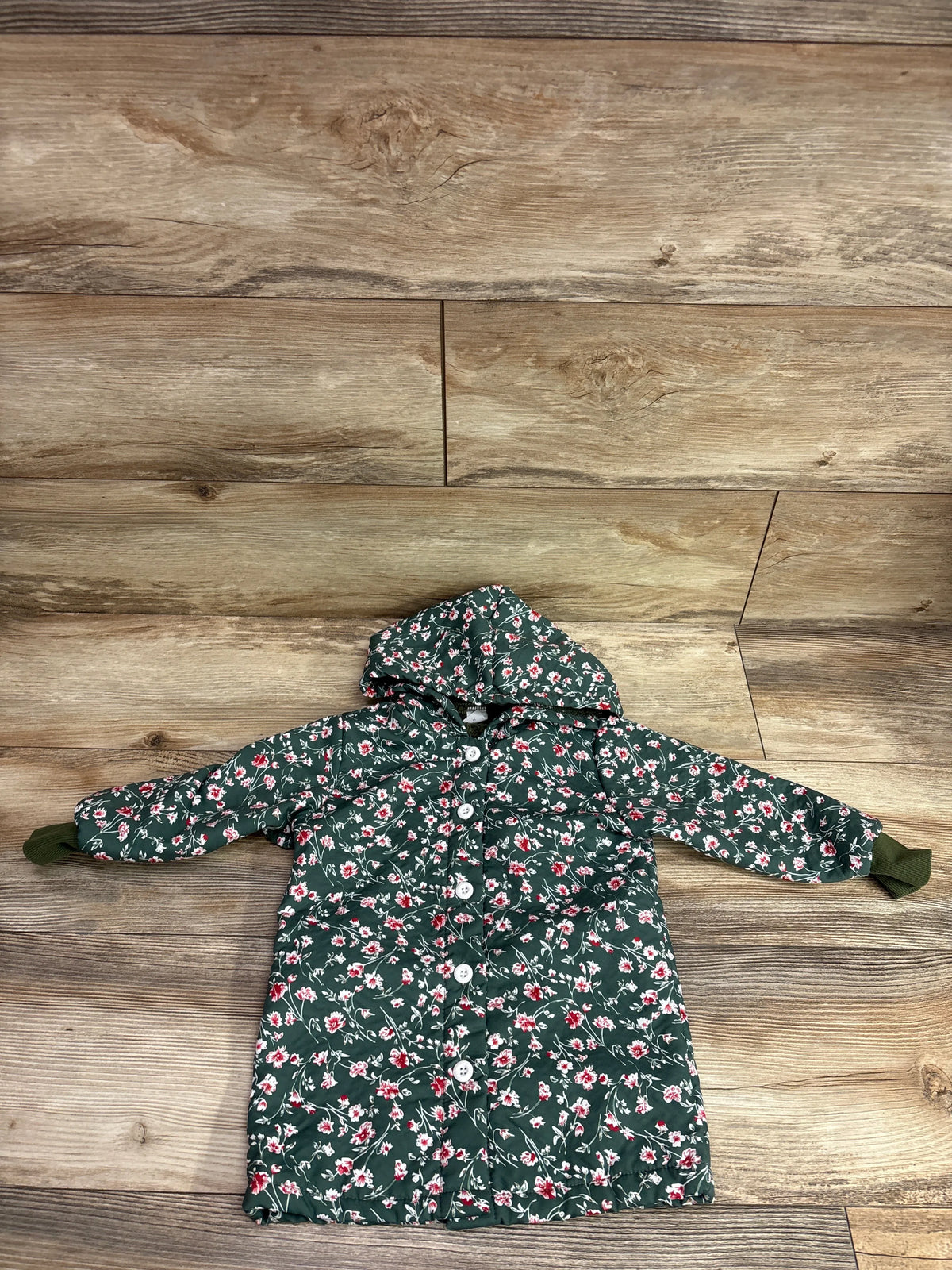 Green Shein floral button-up hooded dress coat for toddlers, size 3/4T