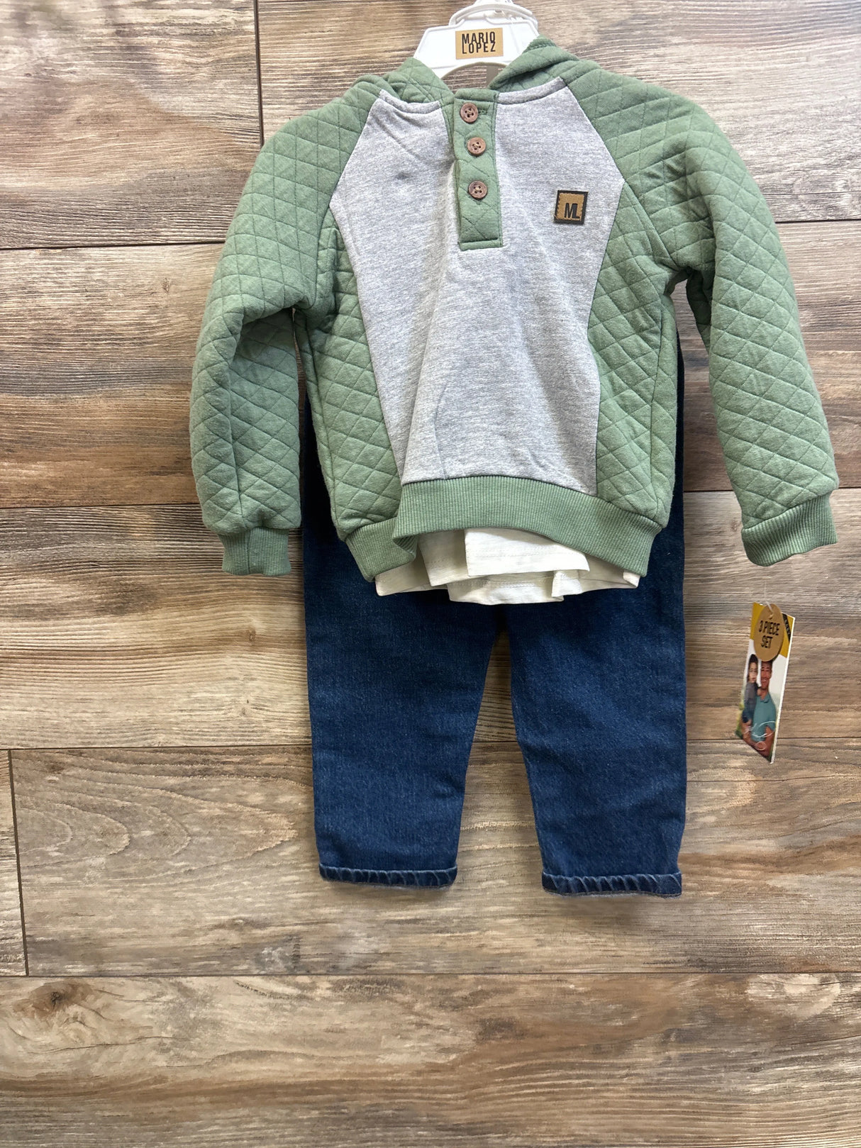 NEW Mario Lopez 3pc Quilted Pullover Sweatshirt, Shirt, & Jeans Set Green sz 18m