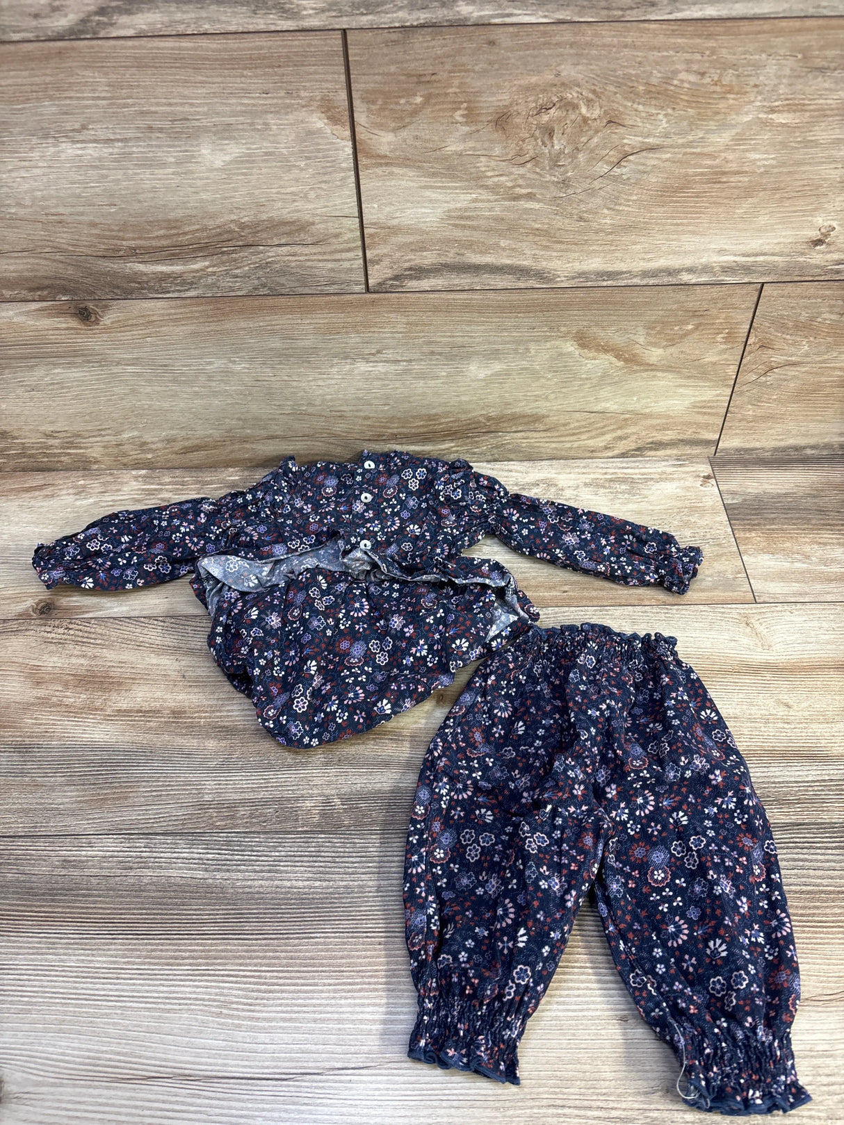 The New Society 2pc Floral Smocked Bodysuit Dress & Pants Set Navy sz 6m