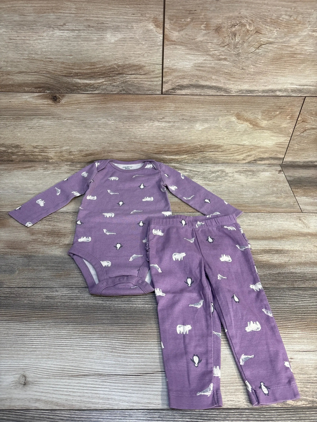 Purple baby outfit set with polar bear and penguin print, long sleeve bodysuit and pants