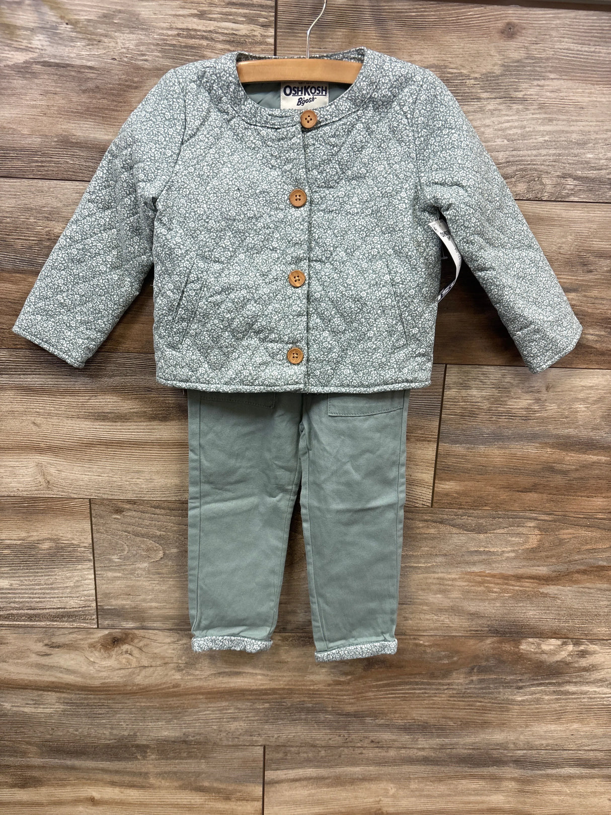 NEW OshKosh Floral Print Quilted Jacket & Eyelet Pants Set Green sz 2T