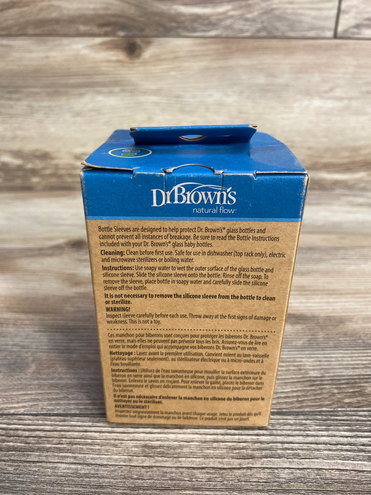 Dr. Brown's Natural Flow baby bottle sleeves box with usage and care instructions
