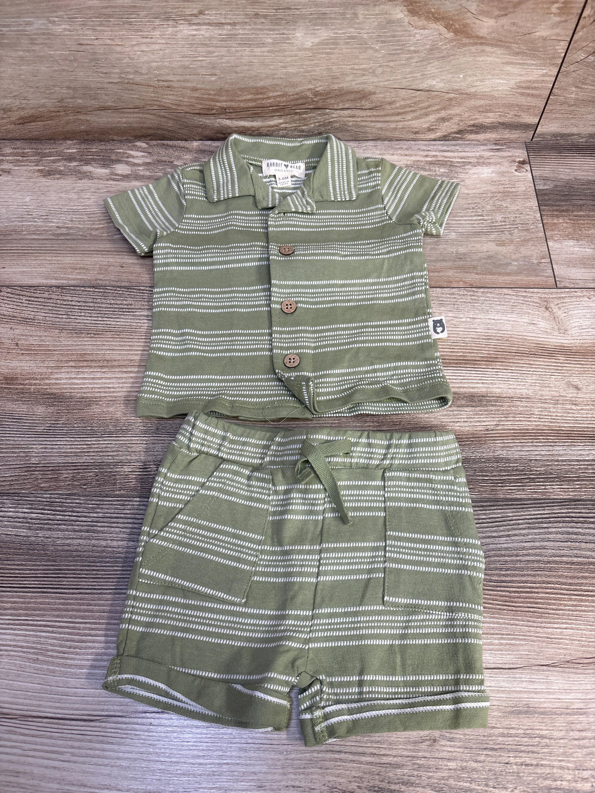 Rabbit + Bear Organic 2pc Striped Button-Up Shirt & Shorts Set Green sz 3-6m