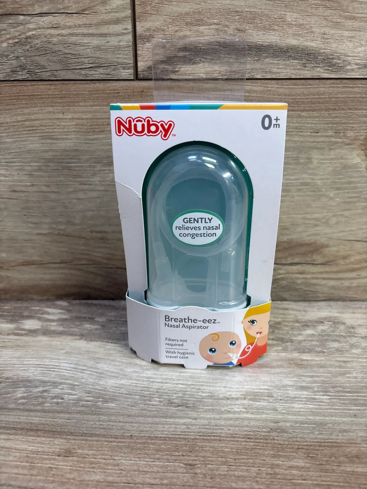 Front view of Nuby Breathe-EEZ nasal aspirator in packaging with 0 plus months label and hygienic travel case