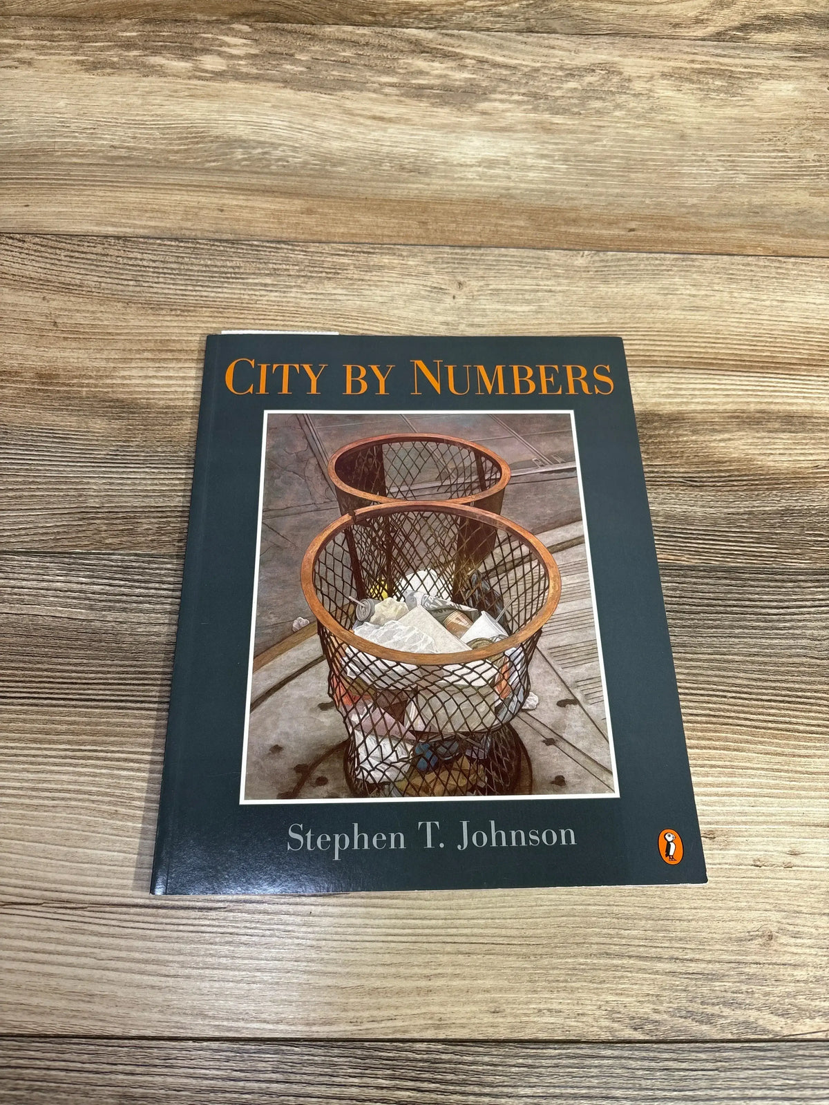 Book titled City by Numbers by Stephen T. Johnson featuring artwork of two wire trash cans on sidewalk