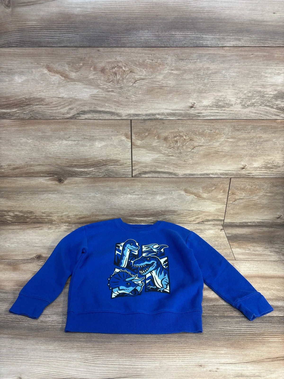 Front flat lay of blue Jumping Beans fleece pullover size 5T showcasing dinosaur graphic on wood background