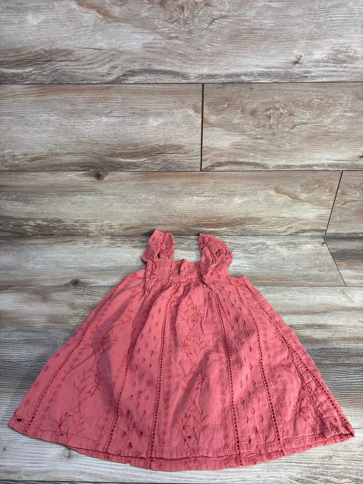 Flat lay of Baby Gap Flutter Sleeve Eyelet Dress in coral red size 3T showcasing flutter sleeves and eyelet embroidered skirt on wood plank floor