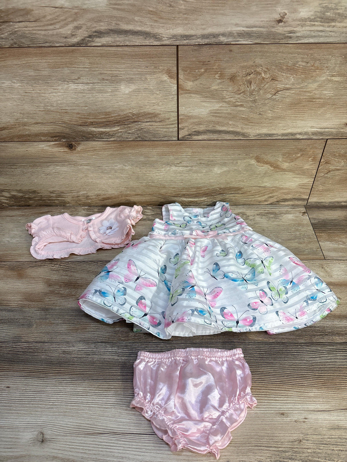 Nannette 3pc Butterfly Dress, Bloomers, & Cardigan Set Pink sz 3/6m