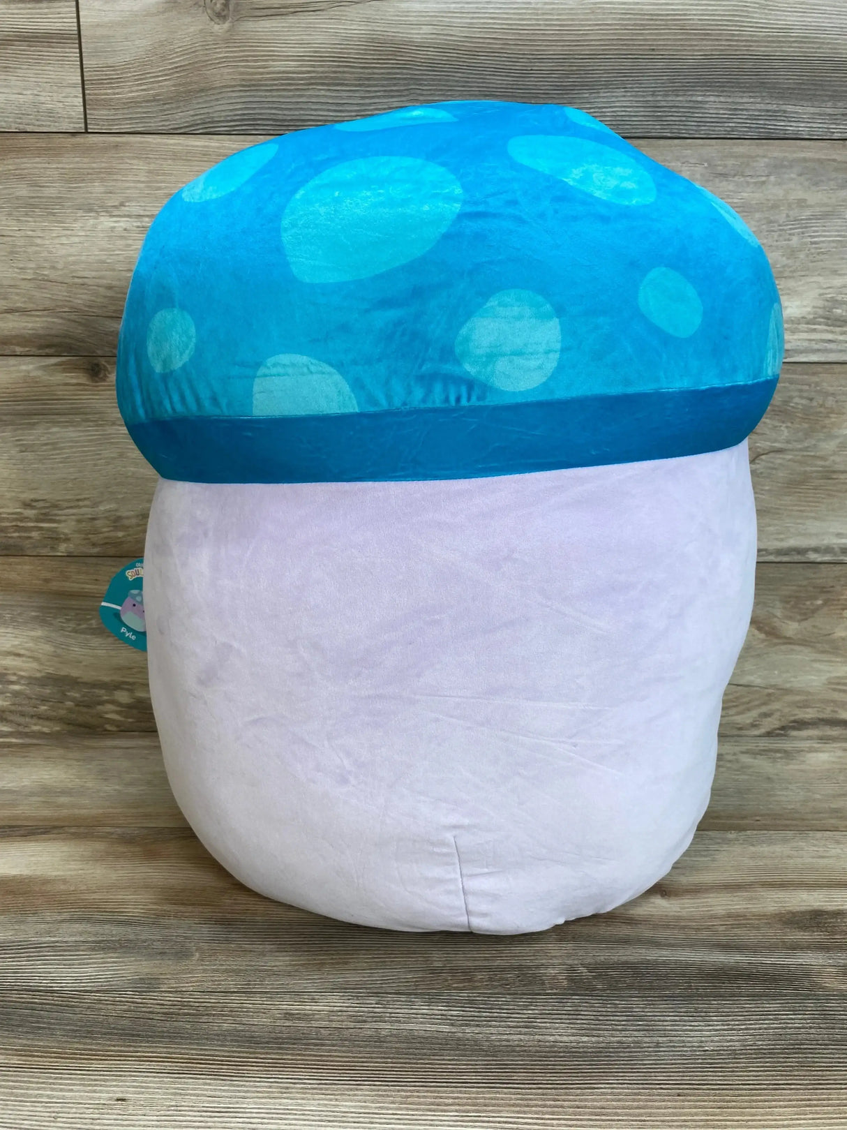 Front view of 20-inch Squishmallows Pyle mushroom plush showing pink-and-white cap, smiling face and soft body on white