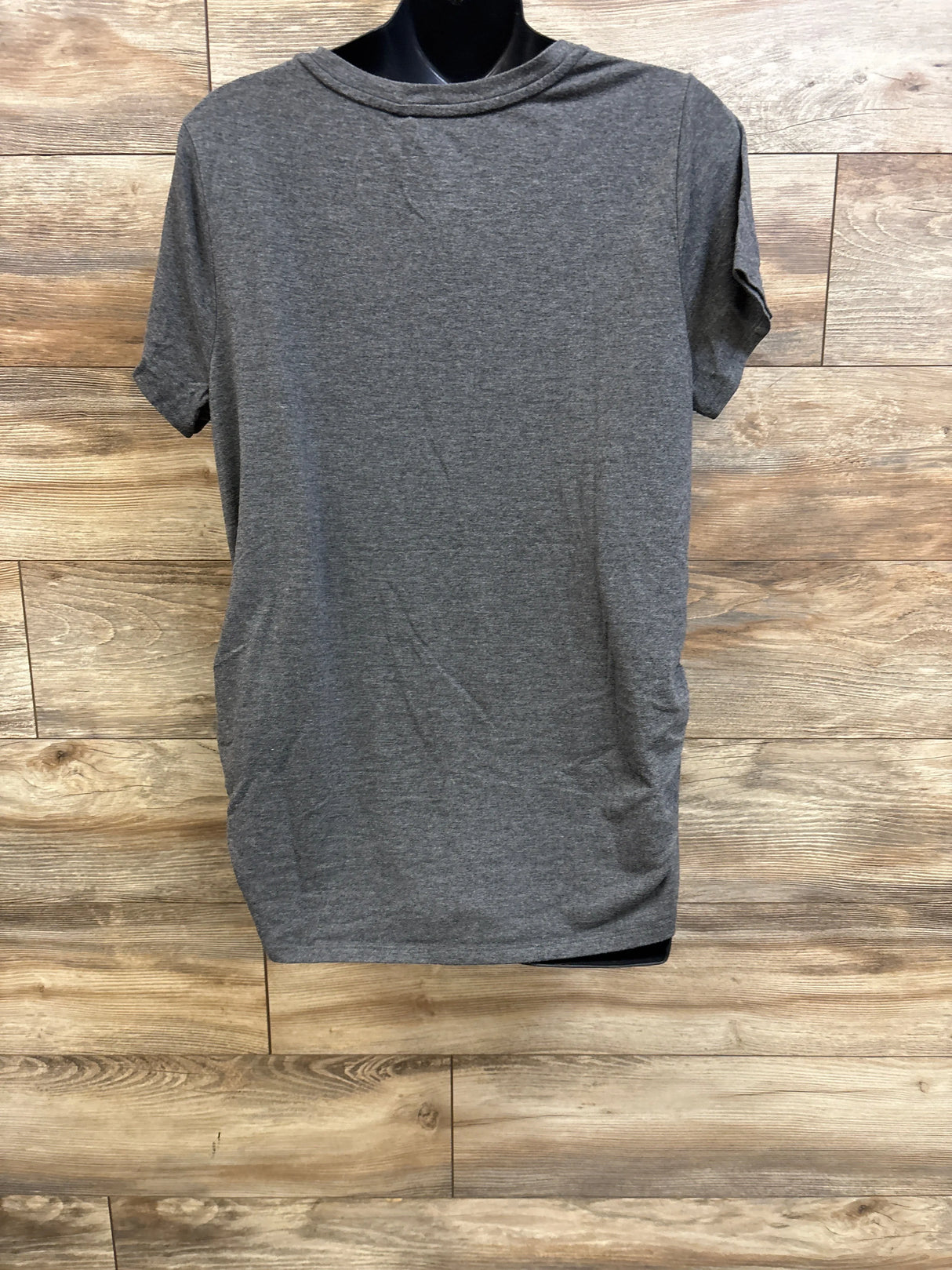 Front view of gray Sonoma maternity shirt with short sleeves on a black mannequin against a wood plank background