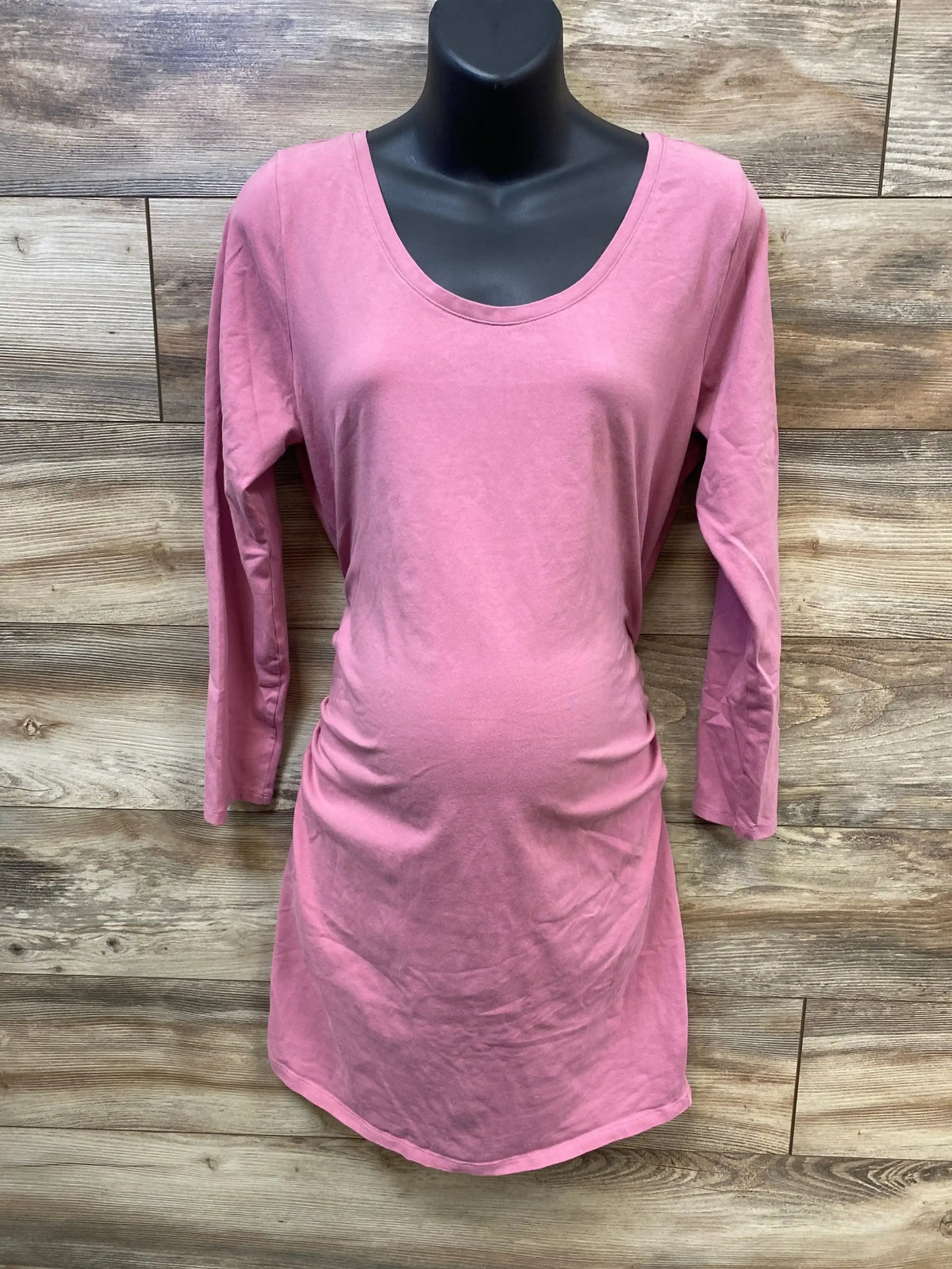 Front view of Old Navy maternity bodycon dress in pink showing fitted silhouette and side ruching on white background
