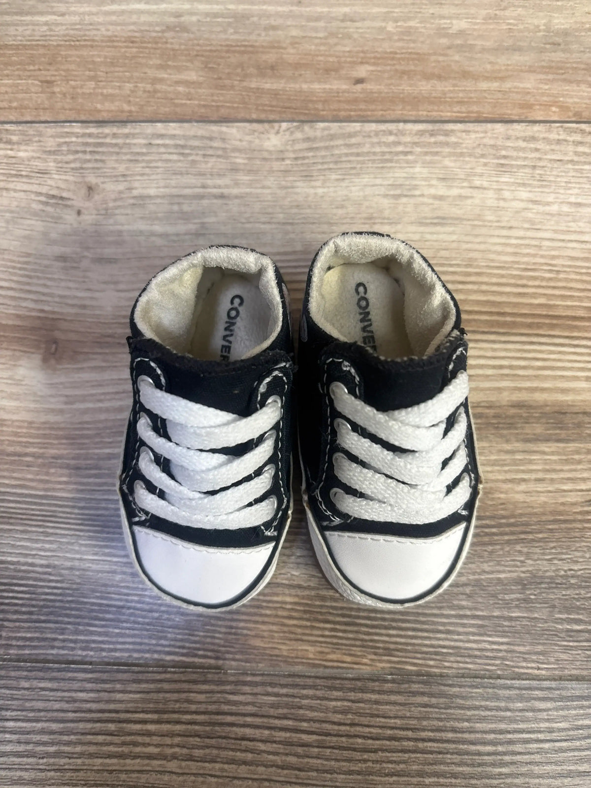 Top-front view of Converse All Star Cribster Easy-On Shoes Black sz 1c showcasing white laces, toe caps, and terry cloth lining