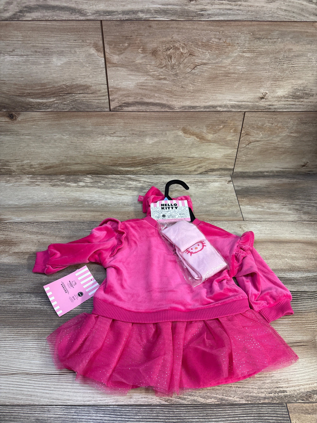 NEW Hello Kitty 3pc Velvet Tulle Sweatshirt Dress, Headband, & Tights Pink sz 3/6m