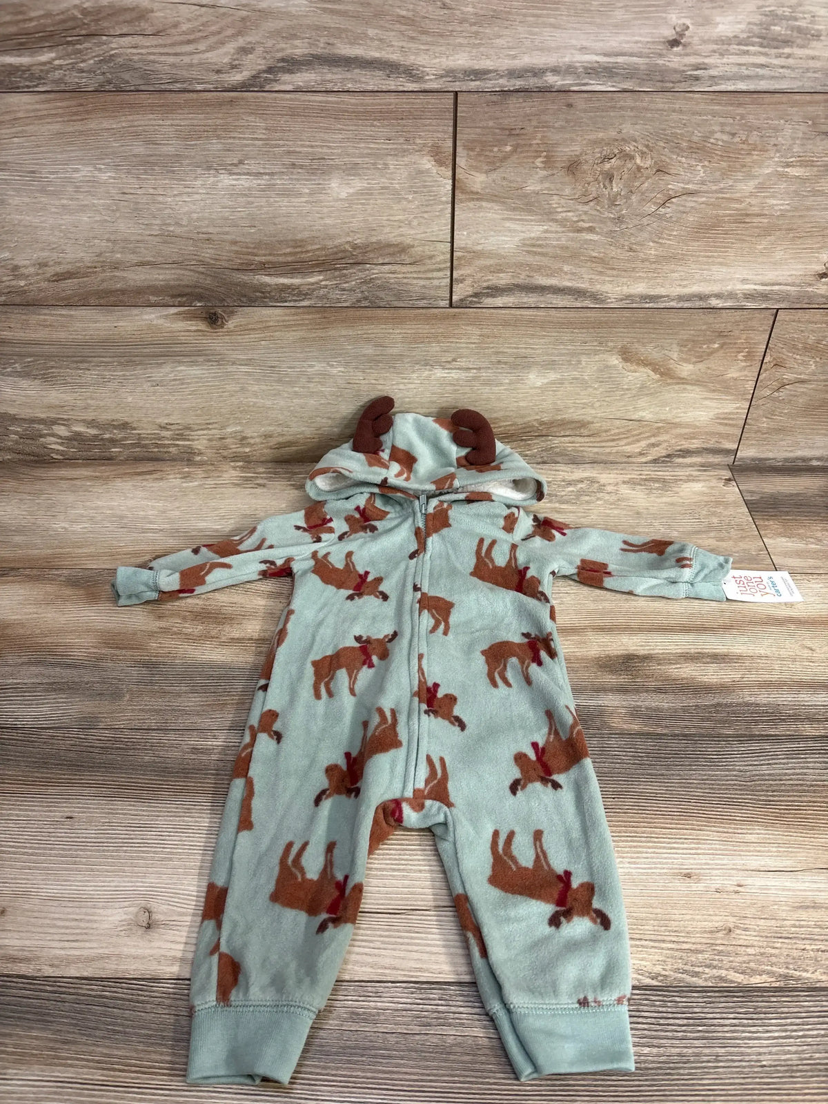 Baby reindeer print fleece onesie with hood and antlers, holiday-themed infant clothing
