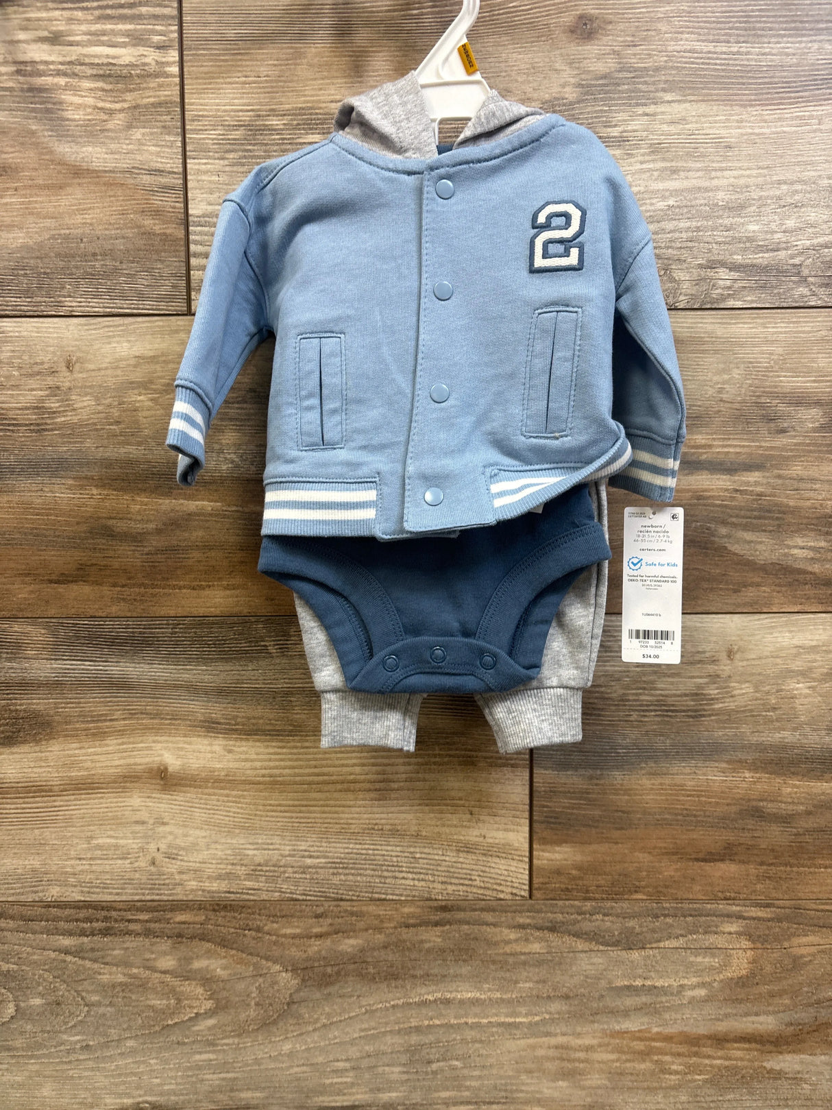 NEW Carter's 3pc Varsity Jacket, Bodysuit, & Pants Set Blue sz Newborn