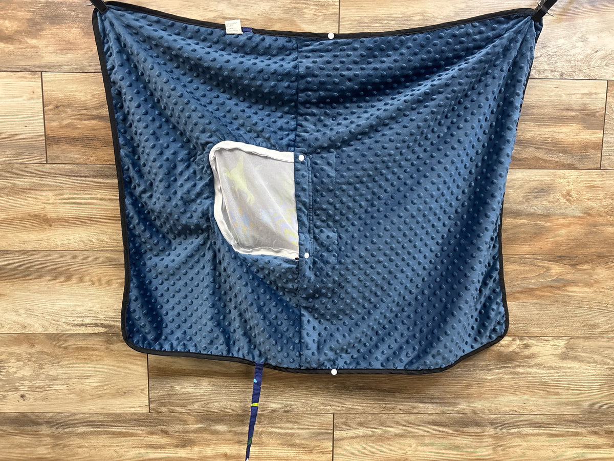 Navy blue TANOFAR minky dinosaur car seat and nursing cover with textured dot pattern