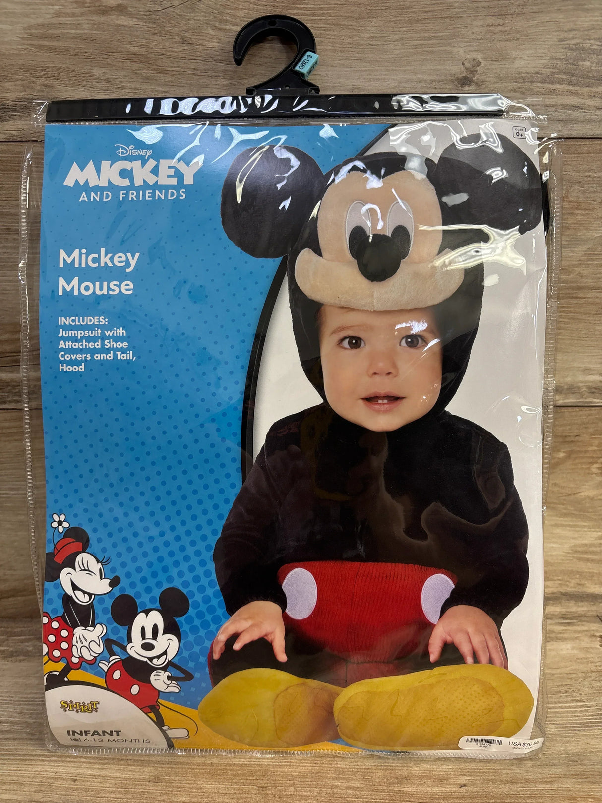 Infant Mickey Mouse costume with jumpsuit, hood, and shoe covers for 6-12 months