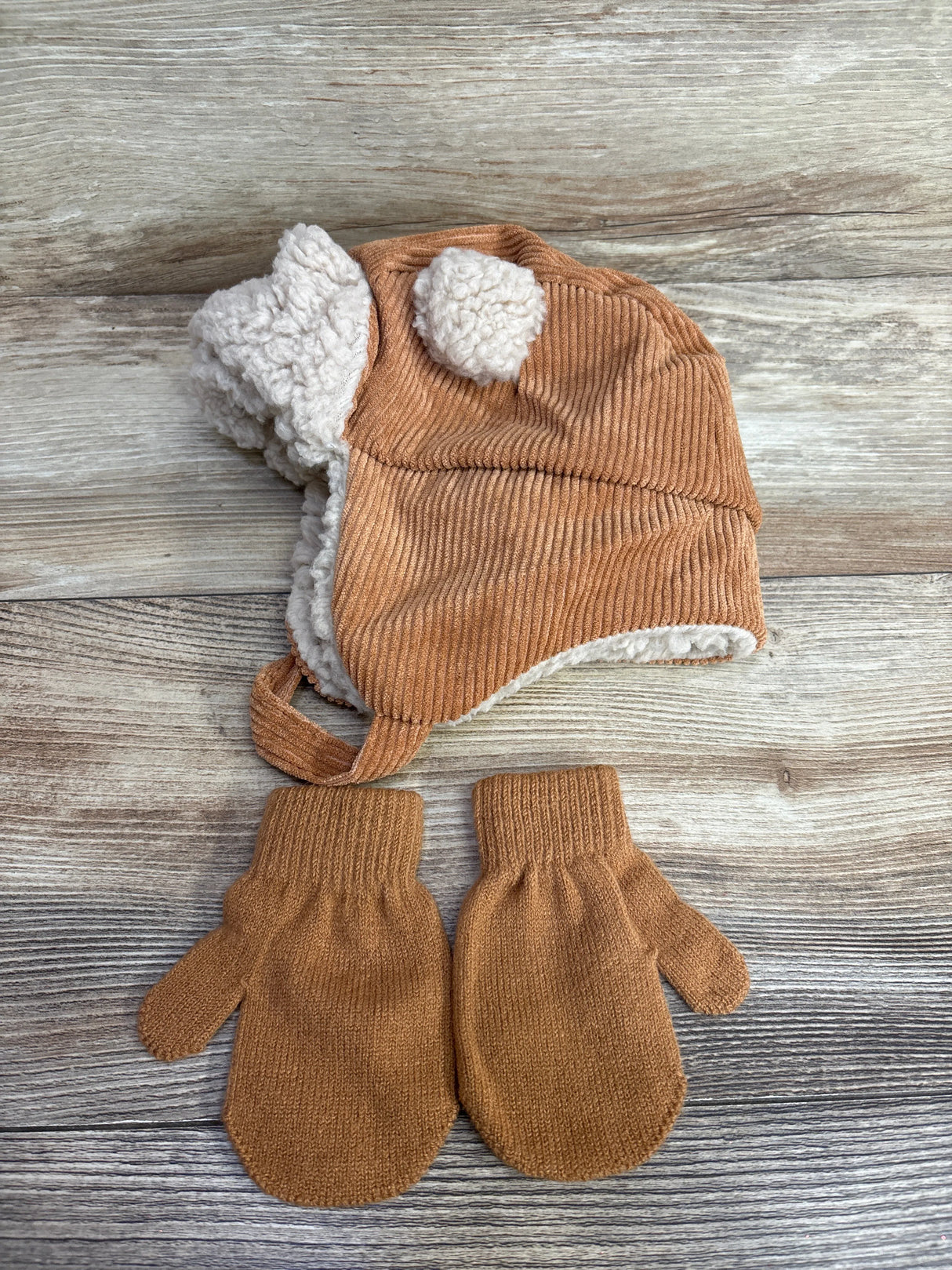 First Steps Sherpa Cord Hat w/ Mittens Brown sz 12-24m
