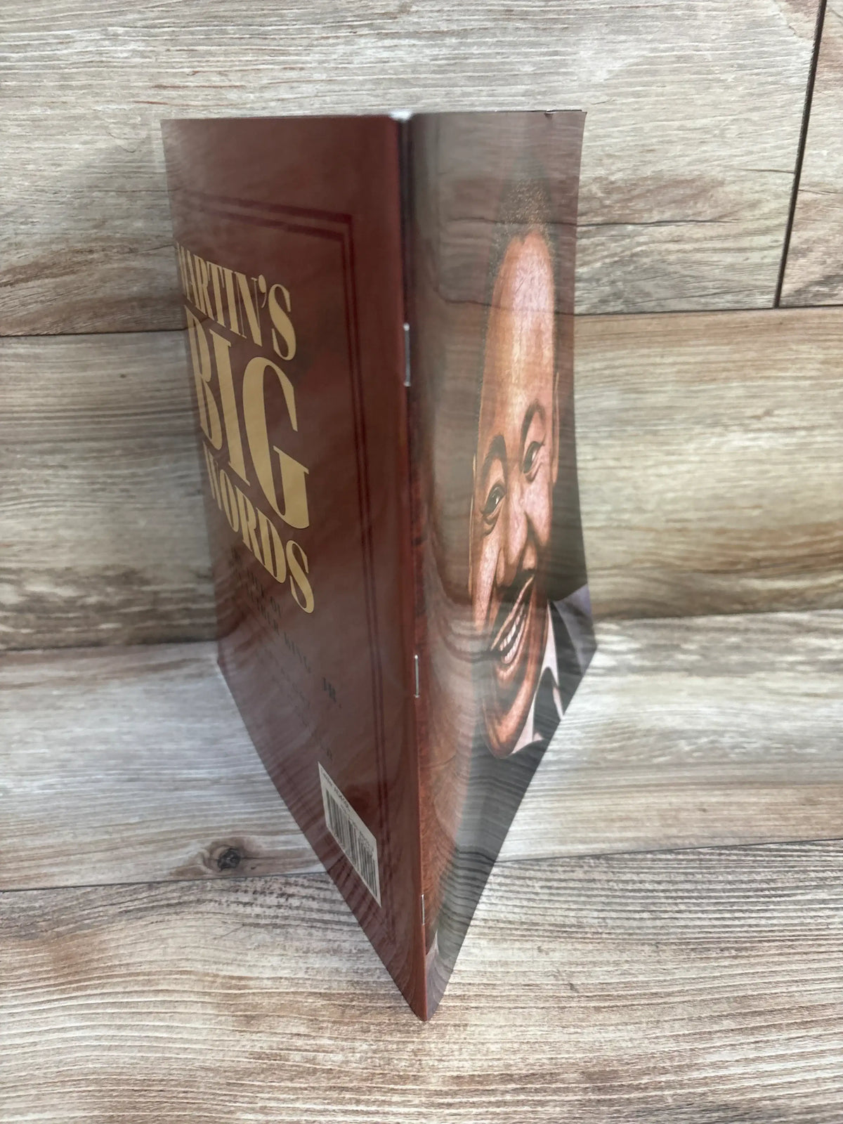 Three-quarter view of Martin’s Big Words paperback showing gold title on spine and smiling Dr. Martin Luther King Jr. illustration with wood background