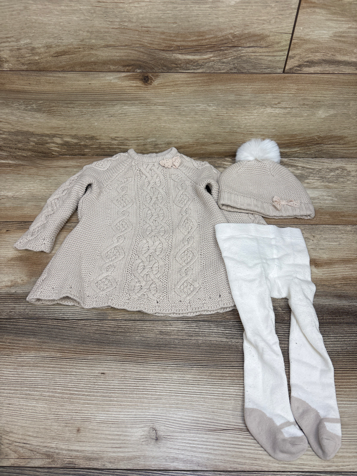 Cupcakes & Cashmere 3pc Sweater Knit Dress, Tights, & Hat Set Beige sz 6-9m